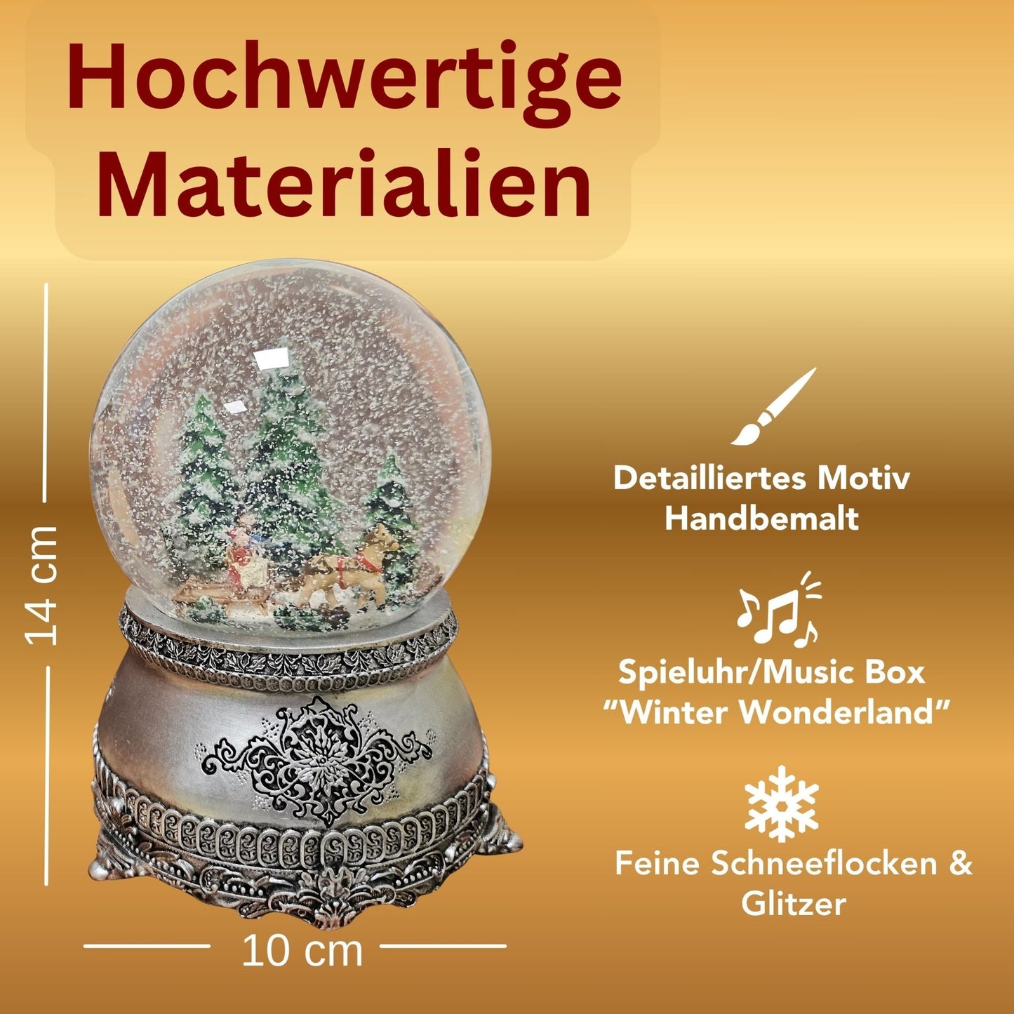 Nostalgische Schneekugel Schlittenfahrt auf Zinnsockel 100 mm Durchmesser mit Spieluhr - Schneekugelhaus