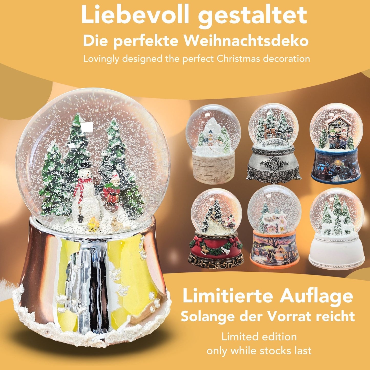 Nostalgische Schneekugel Schneemann steht auf Silber Sockel mit Schneeflocken 100 mm Durchmesser mit Spieluhr - Schneekugelhaus