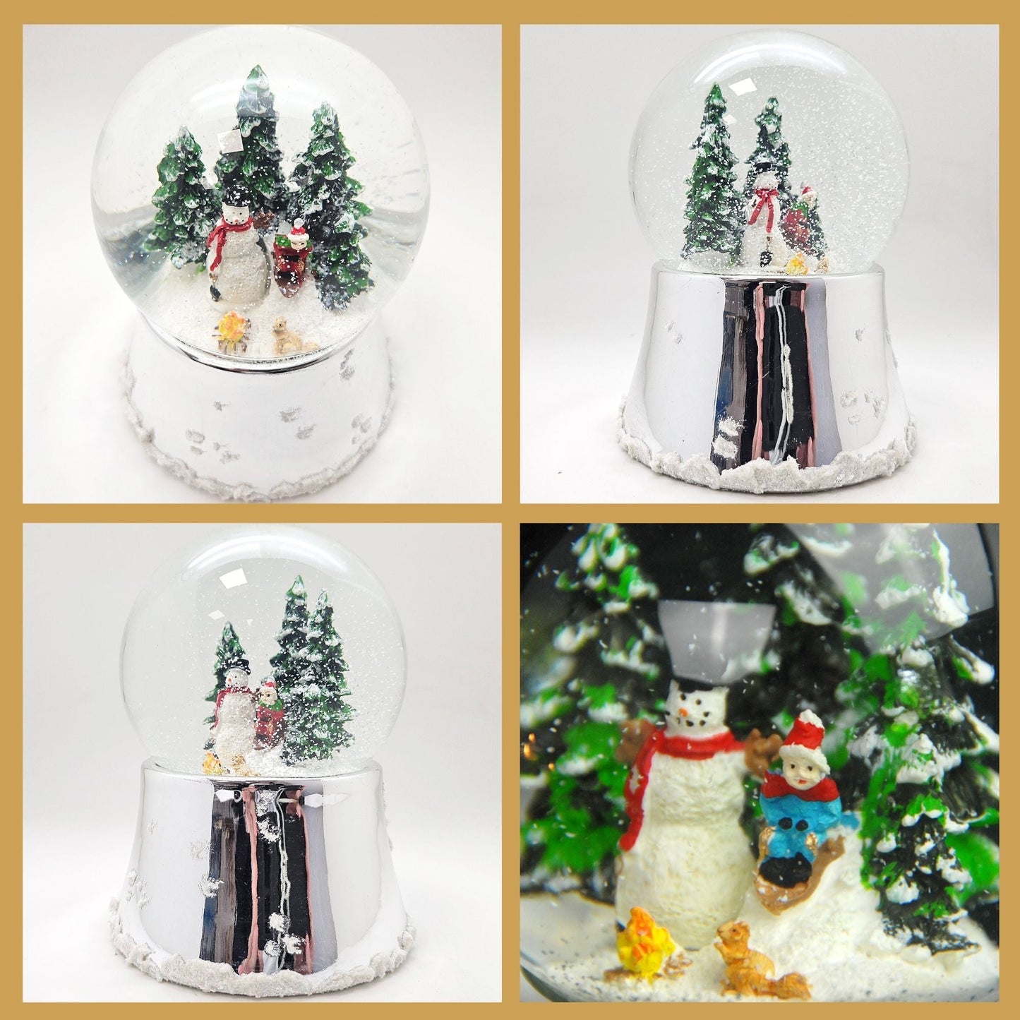Nostalgische Schneekugel Schneemann steht auf Silber Sockel mit Schneeflocken 100 mm Durchmesser mit Spieluhr - Schneekugelhaus