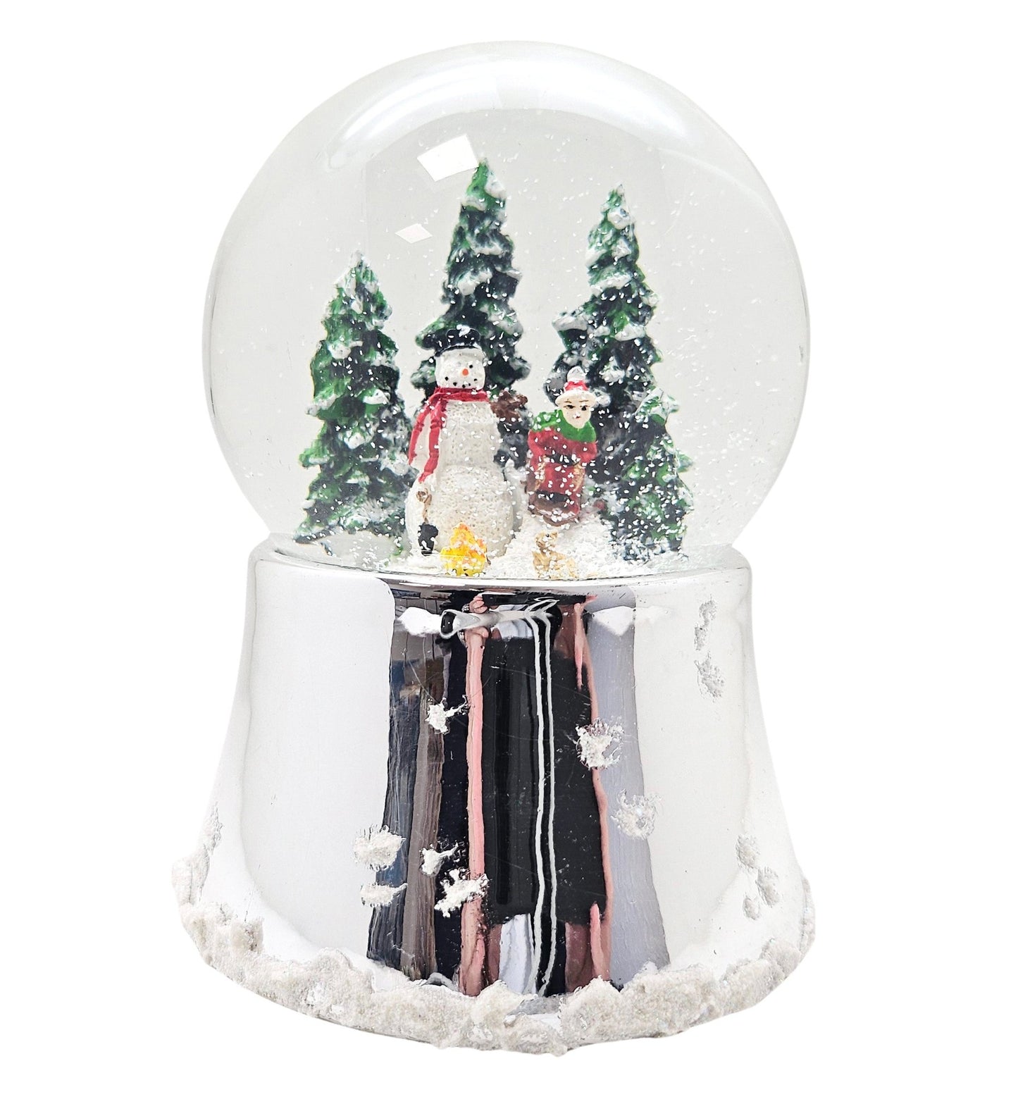 Nostalgische Schneekugel Schneemann steht auf Silber Sockel mit Schneeflocken 100 mm Durchmesser mit Spieluhr - Schneekugelhaus
