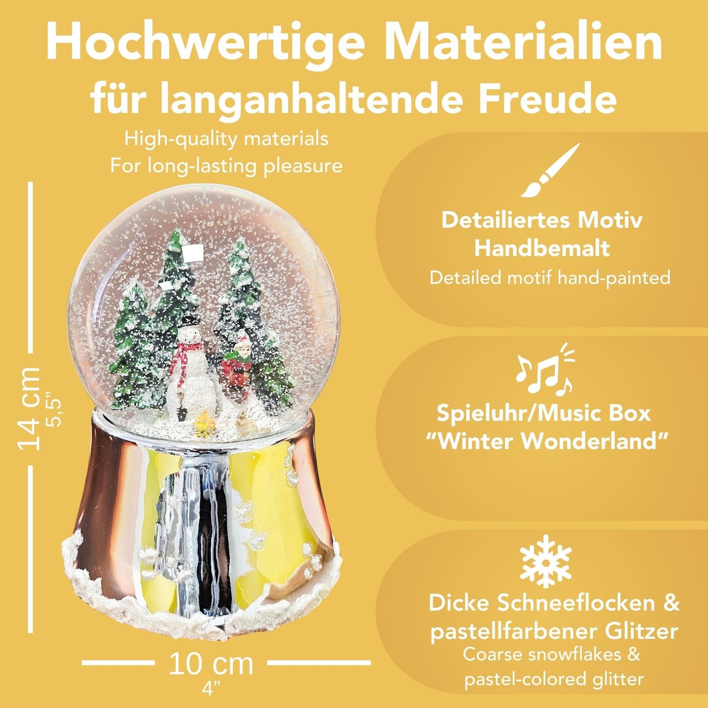 Nostalgische Schneekugel Schneemann steht auf Silber Sockel mit Schneeflocken 100 mm Durchmesser mit Spieluhr - Schneekugelhaus