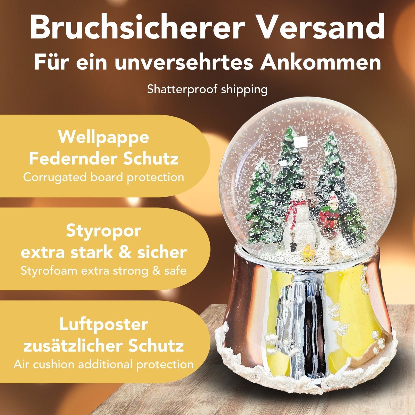Nostalgische Schneekugel Schneemann steht auf Silber Sockel mit Schneeflocken 100 mm Durchmesser mit Spieluhr - Schneekugelhaus