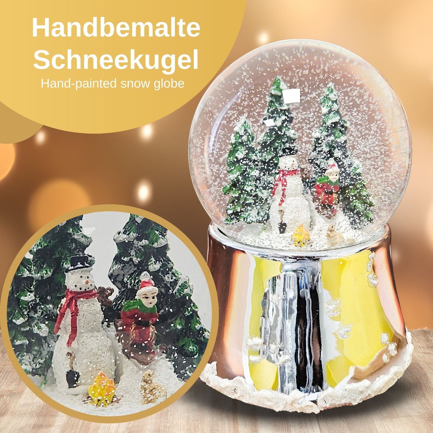 Nostalgische Schneekugel Schneemann steht auf Silber Sockel mit Schneeflocken 100 mm Durchmesser mit Spieluhr - Schneekugelhaus