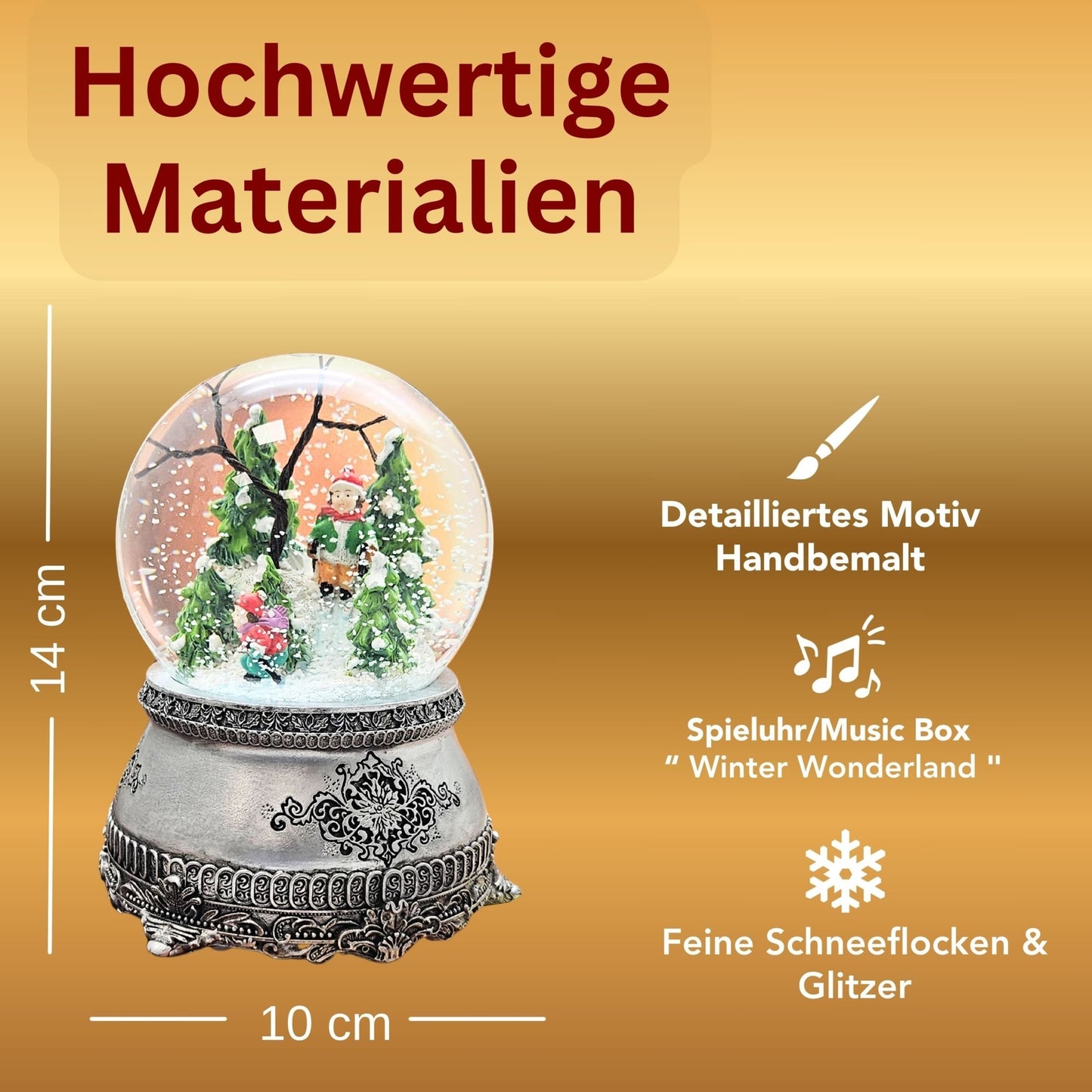 Nostalgische Schneekugel Skifahrer auf Zinn - Sockel 100 mm Durchmesser mit Spieluhr - Schneekugelhaus