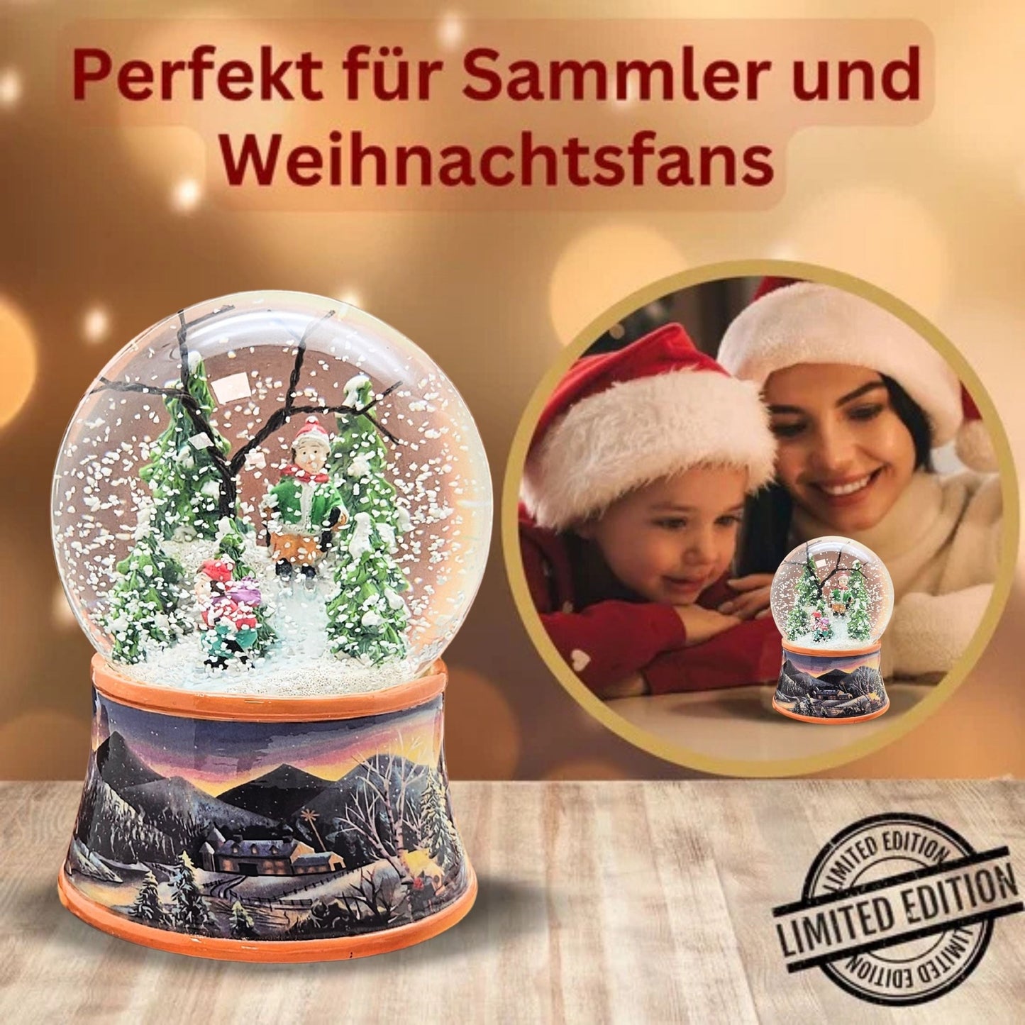 Nostalgische Schneekugel Skifahrer schmücken auf Sockel Winterlandschaft ocker 100 mm Durchmesser mit Spieluhr - Schneekugelhaus