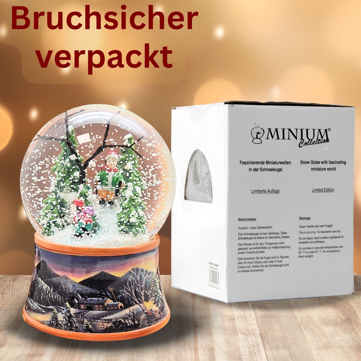 Nostalgische Schneekugel Skifahrer schmücken auf Sockel Winterlandschaft ocker 100 mm Durchmesser mit Spieluhr - Schneekugelhaus