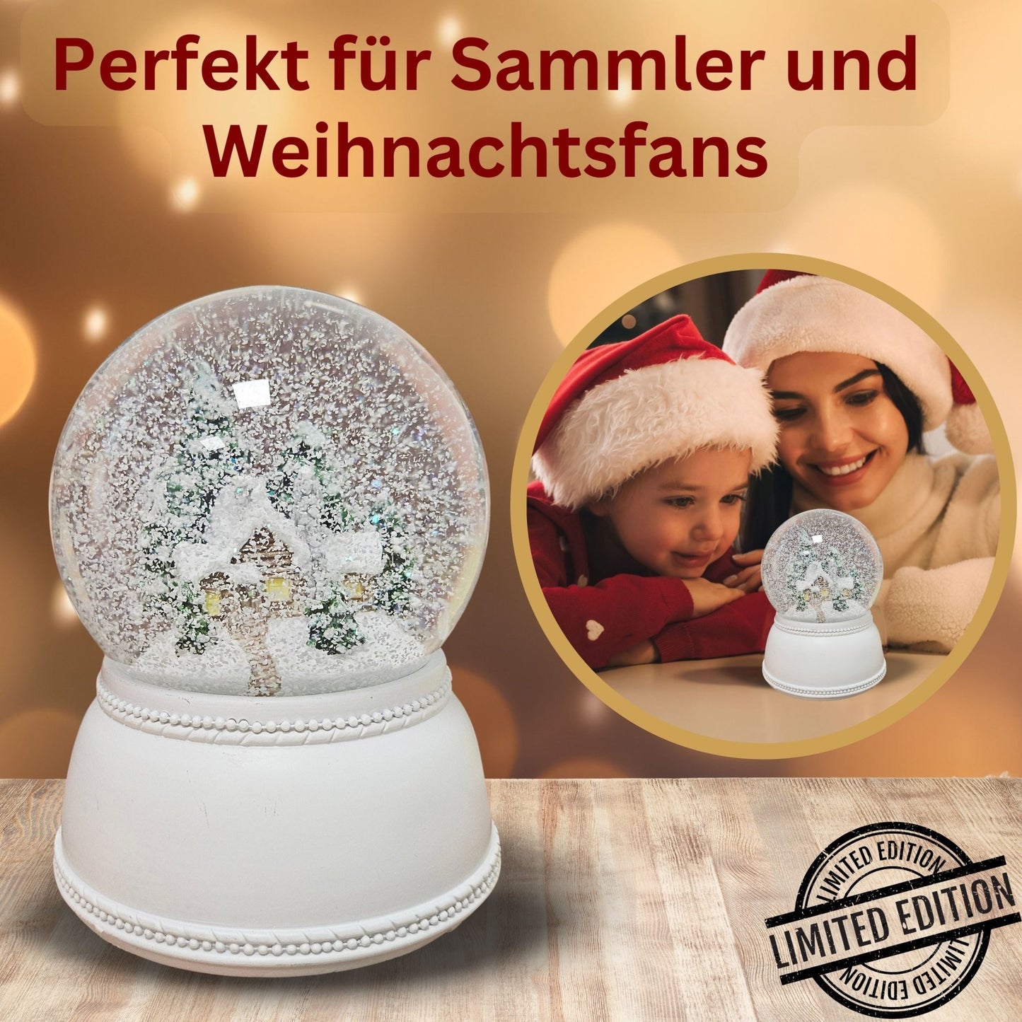 Nostalgische Schneekugel verschneite Berghütte auf Sockel weiß Nostalgie 100 mm Durchmesser mit Spieluhr - Schneekugelhaus