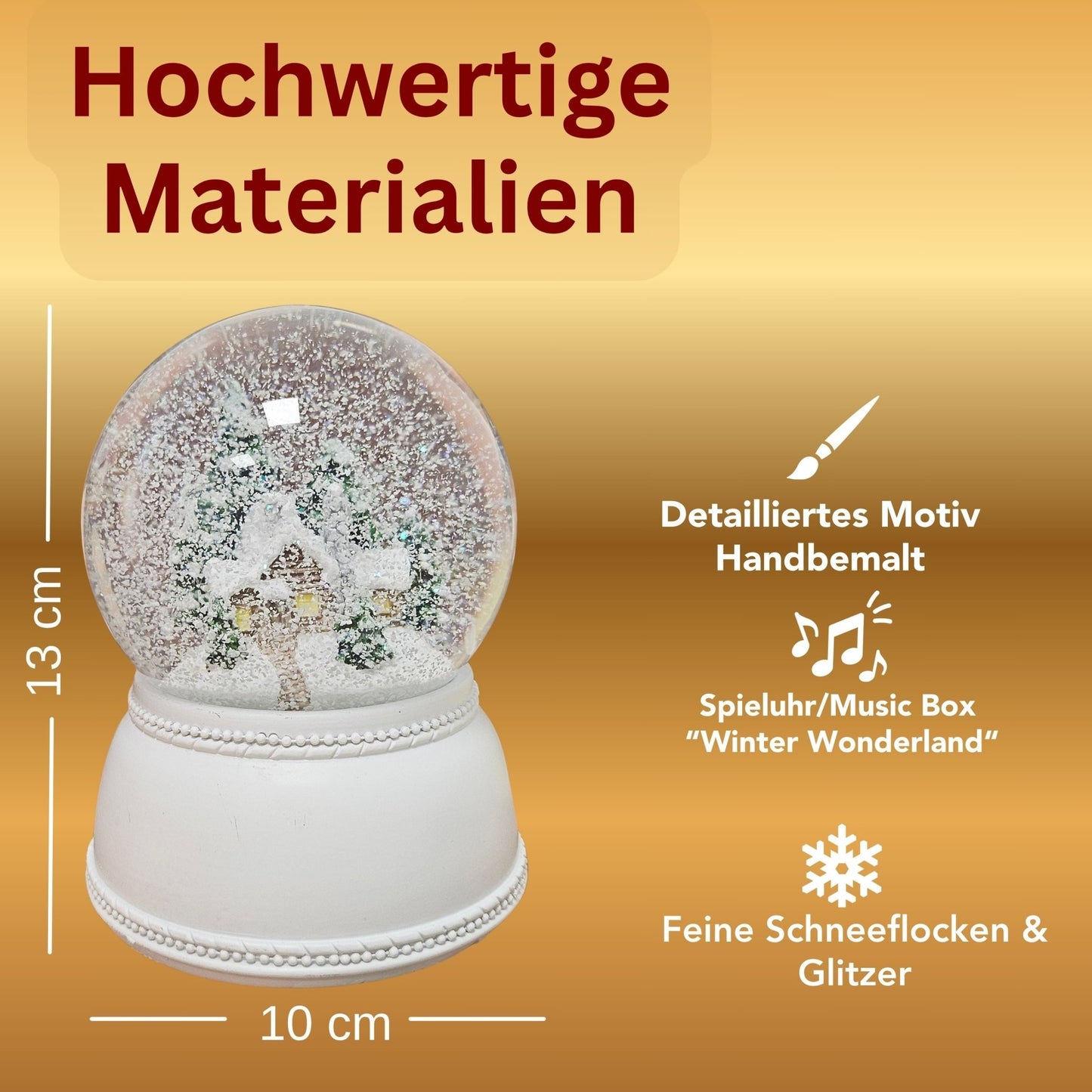 Nostalgische Schneekugel verschneite Berghütte auf Sockel weiß Nostalgie 100 mm Durchmesser mit Spieluhr - Schneekugelhaus