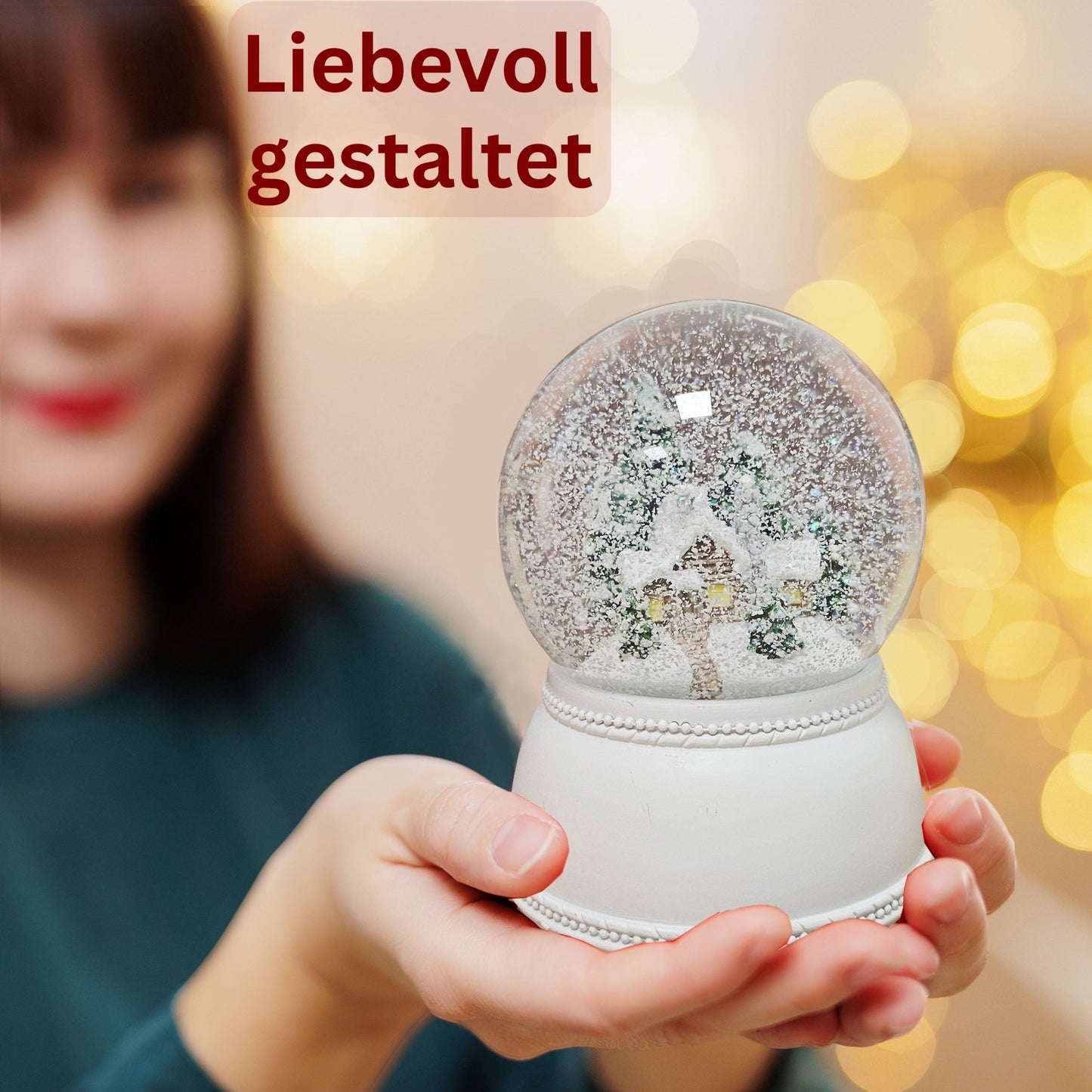 Nostalgische Schneekugel verschneite Berghütte auf Sockel weiß Nostalgie 100 mm Durchmesser mit Spieluhr - Schneekugelhaus