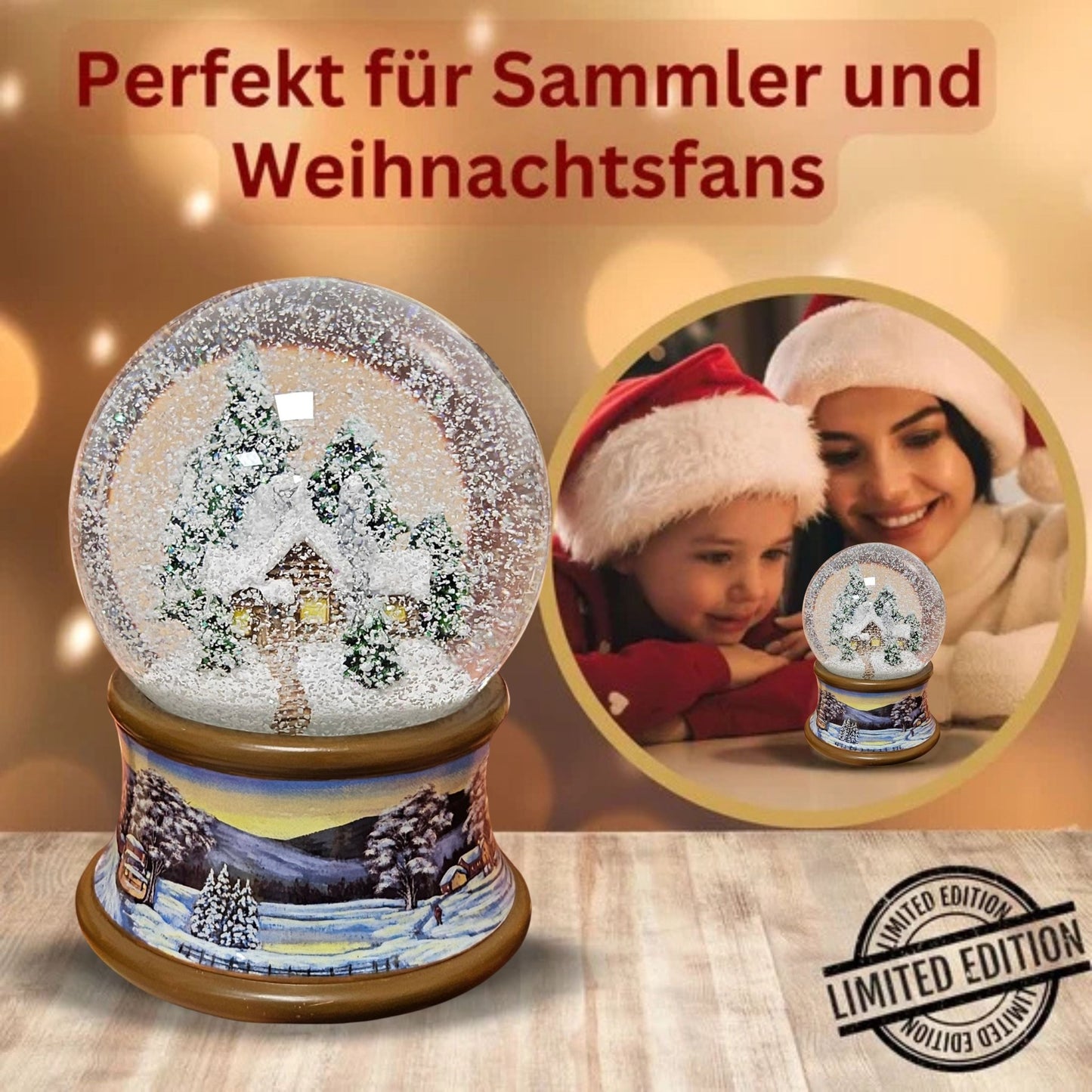 Nostalgische Schneekugel Verschneite Winterhütte auf Winterlandschaft braun 100 mm Durchmesser mit Spieluhr (Kopie) - Schneekugelhaus