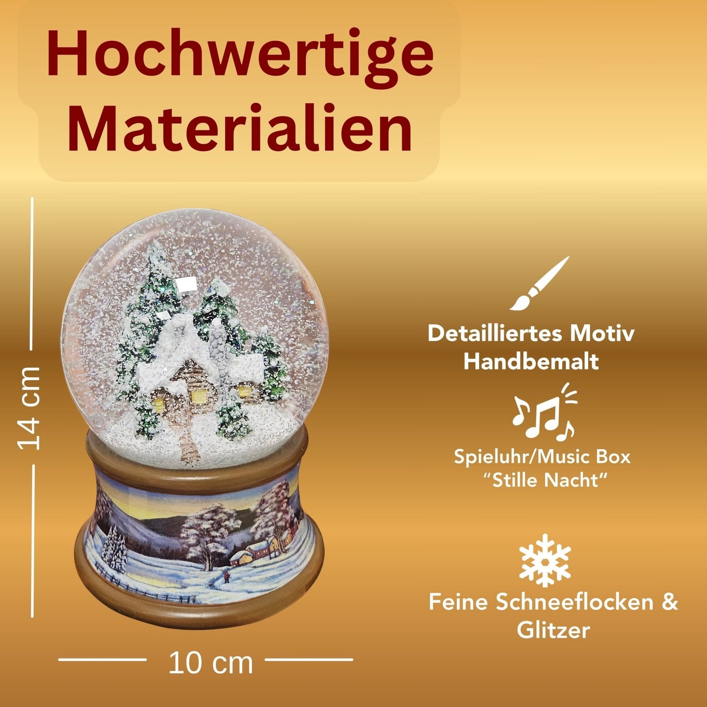 Nostalgische Schneekugel Verschneite Winterhütte auf Winterlandschaft braunton 100 mm Durchmesser mit Spieluhr - Schneekugelhaus