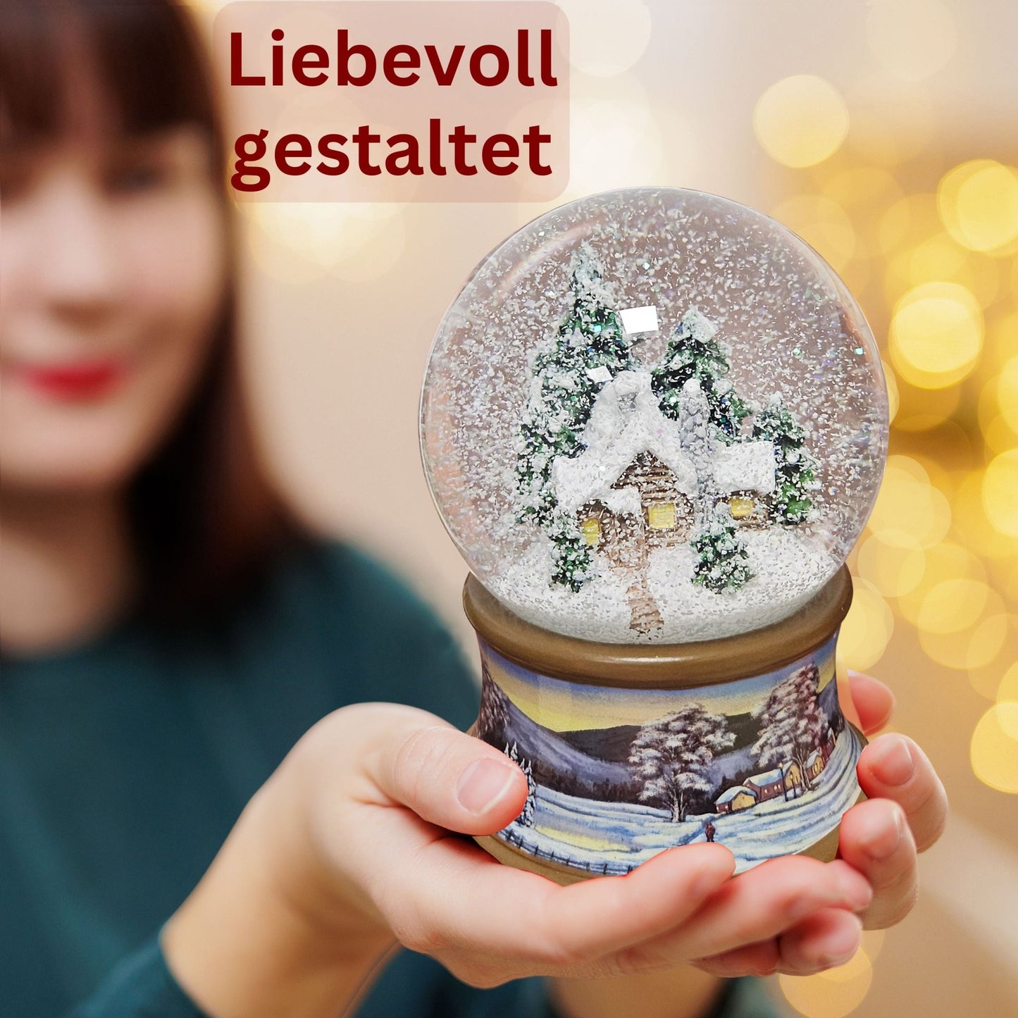 Nostalgische Schneekugel Verschneite Winterhütte auf Winterlandschaft braunton 100 mm Durchmesser mit Spieluhr - Schneekugelhaus