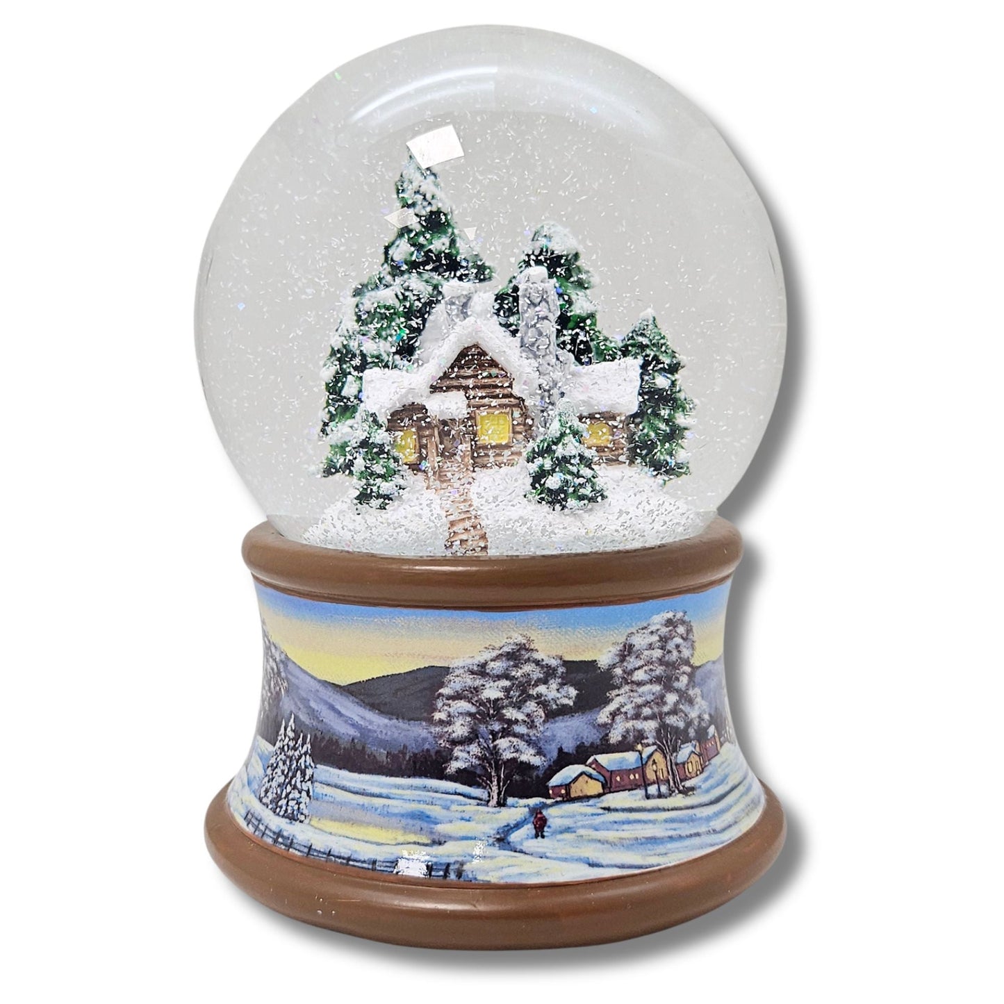 Nostalgische Schneekugel Verschneite Winterhütte auf Winterlandschaft braunton 100 mm Durchmesser mit Spieluhr - Schneekugelhaus