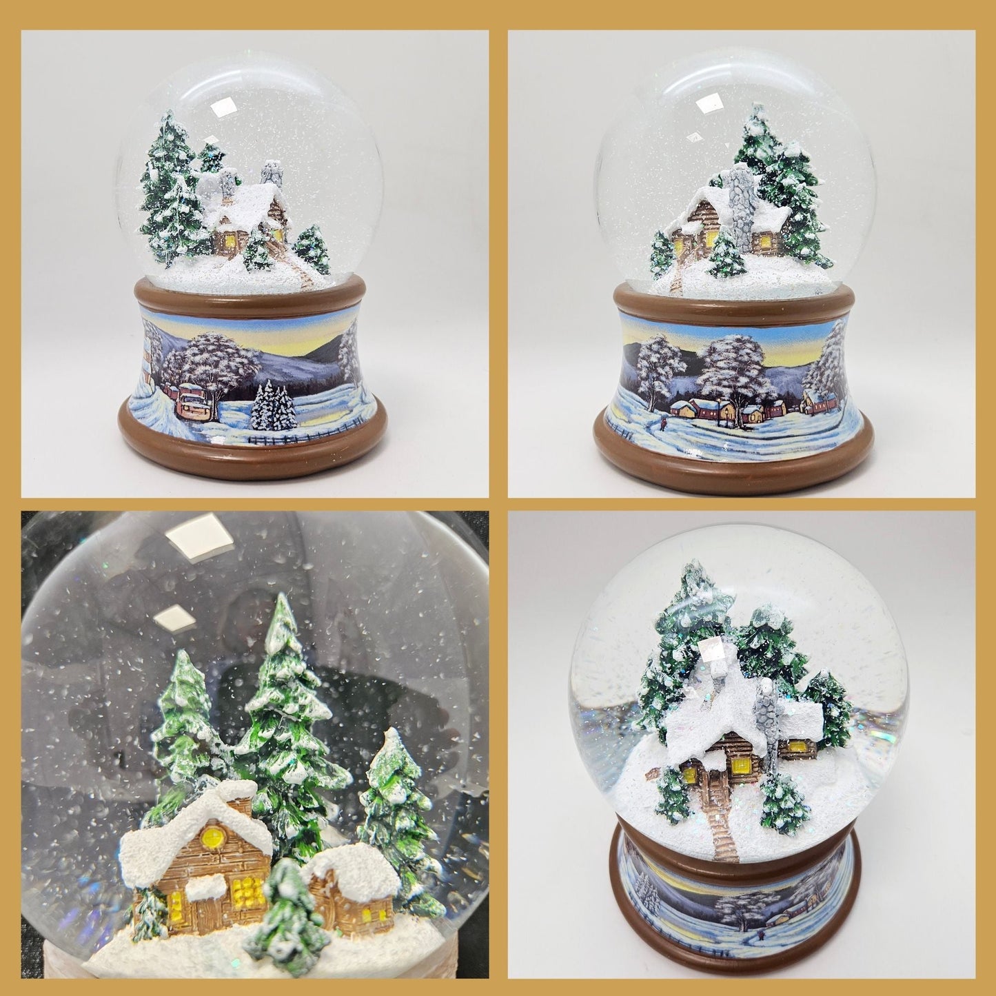 Nostalgische Schneekugel Verschneite Winterhütte auf Winterlandschaft braunton 100 mm Durchmesser mit Spieluhr - Schneekugelhaus