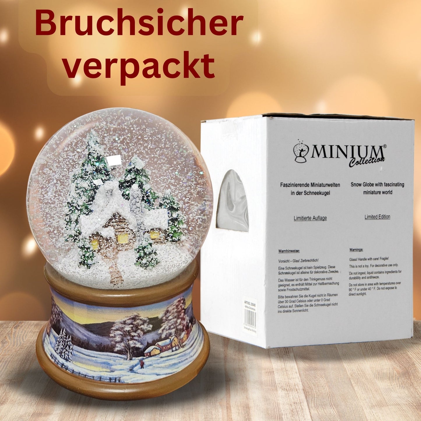 Nostalgische Schneekugel Verschneite Winterhütte auf Winterlandschaft braunton 100 mm Durchmesser mit Spieluhr - Schneekugelhaus
