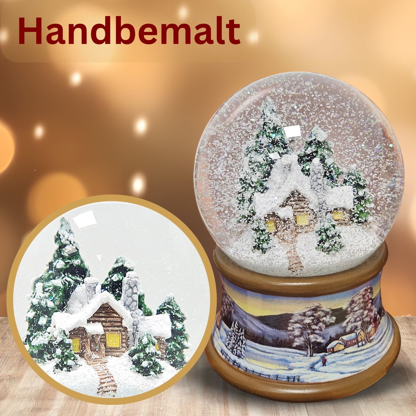 Nostalgische Schneekugel Verschneite Winterhütte auf Winterlandschaft braunton 100 mm Durchmesser mit Spieluhr - Schneekugelhaus