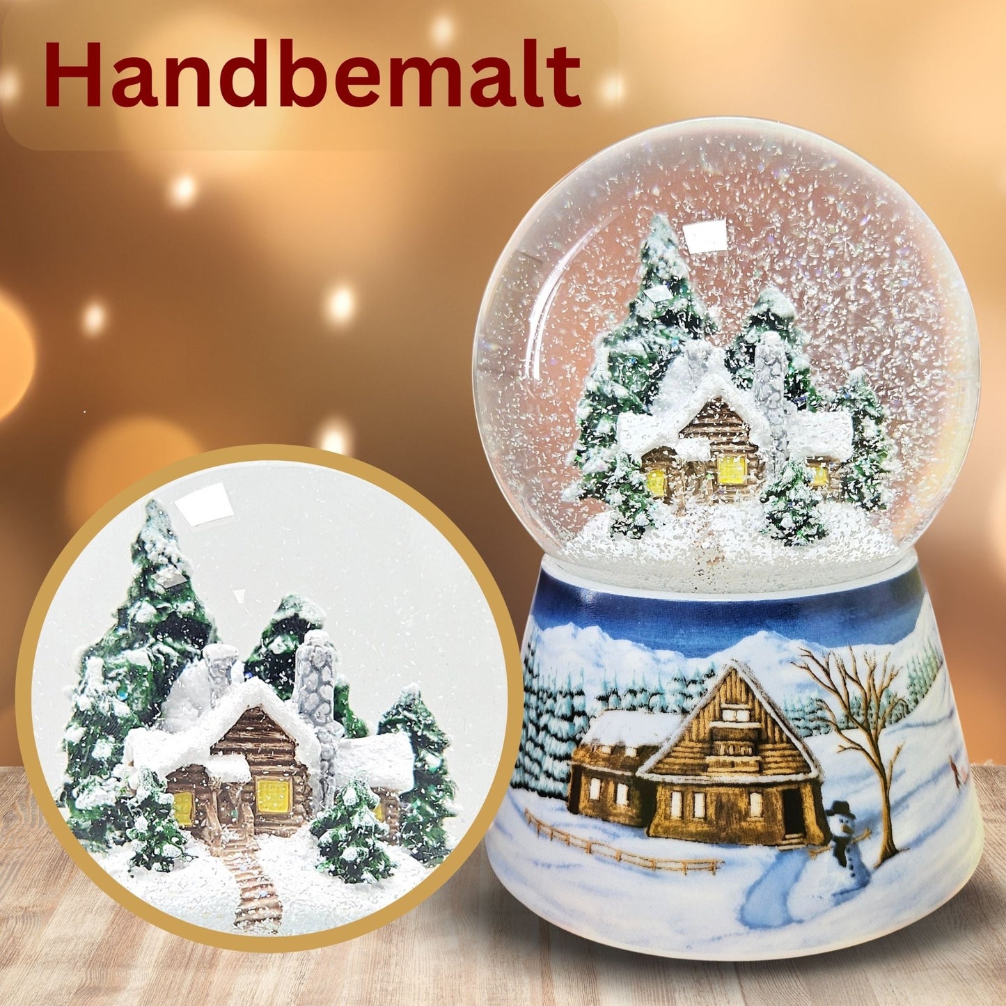 Nostalgische Schneekugel Verschneite Winterhütte auf Winterlandschaft mittelblau 100 mm Durchmesser mit Spieluhr - Schneekugelhaus