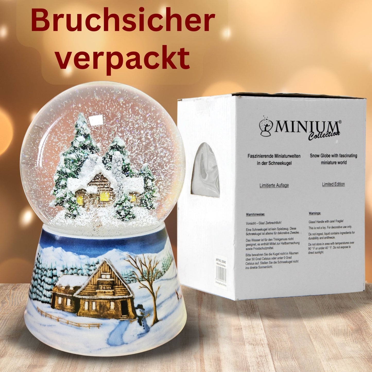 Nostalgische Schneekugel Verschneite Winterhütte auf Winterlandschaft mittelblau 100 mm Durchmesser mit Spieluhr - Schneekugelhaus