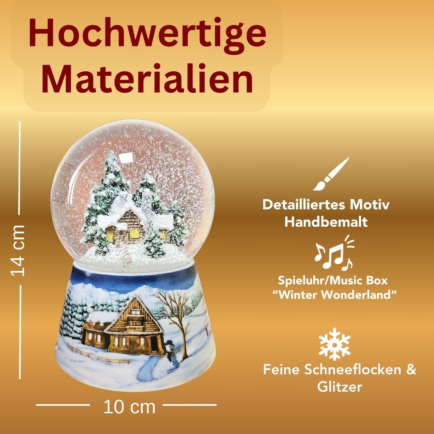 Nostalgische Schneekugel Verschneite Winterhütte auf Winterlandschaft mittelblau 100 mm Durchmesser mit Spieluhr - Schneekugelhaus