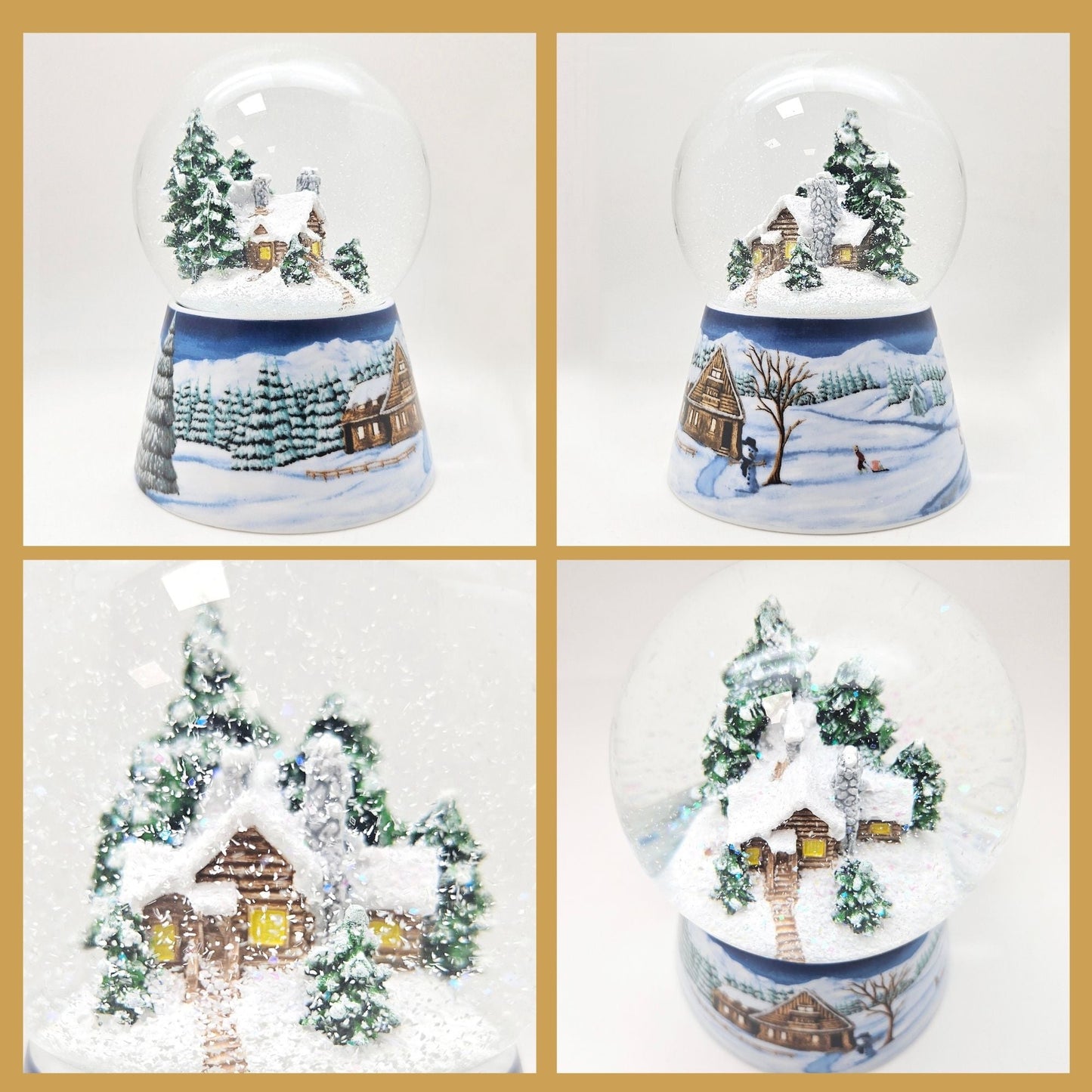 Nostalgische Schneekugel Verschneite Winterhütte auf Winterlandschaft mittelblau 100 mm Durchmesser mit Spieluhr - Schneekugelhaus