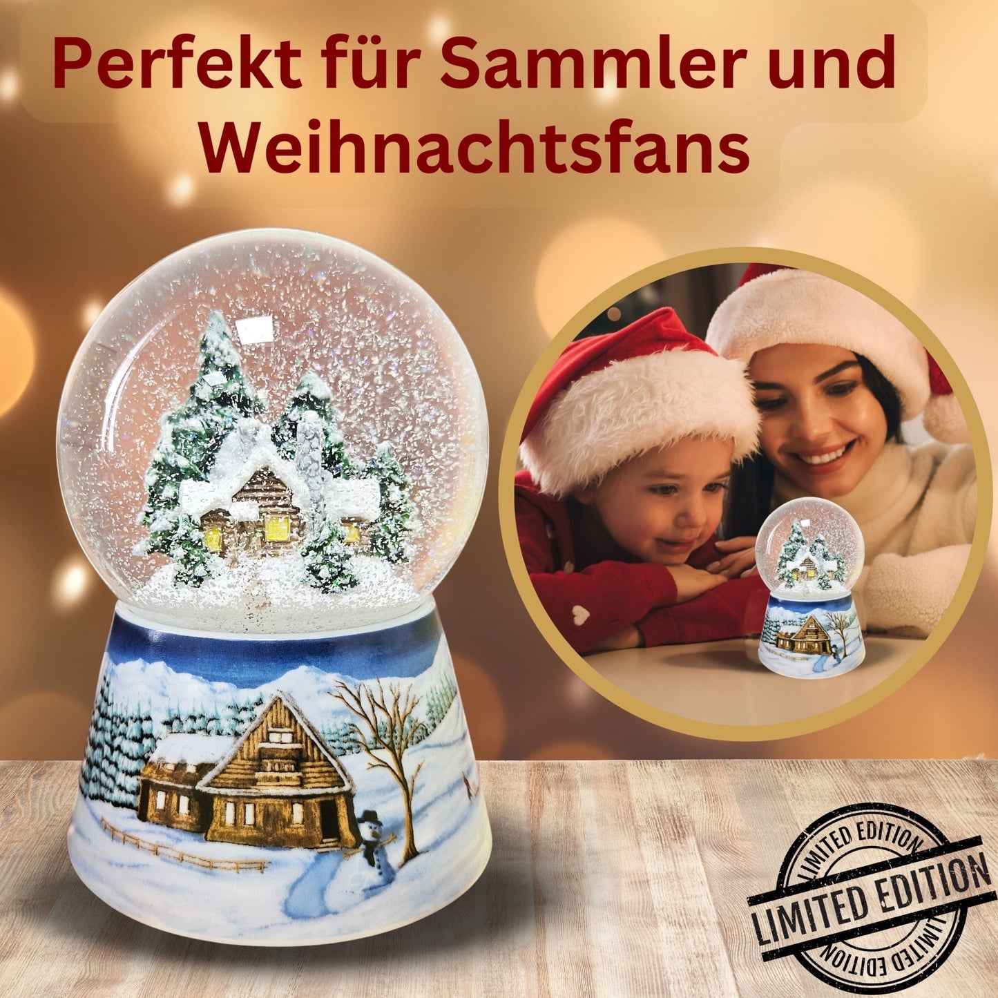 Nostalgische Schneekugel Verschneite Winterhütte auf Winterlandschaft mittelblau 100 mm Durchmesser mit Spieluhr - Schneekugelhaus
