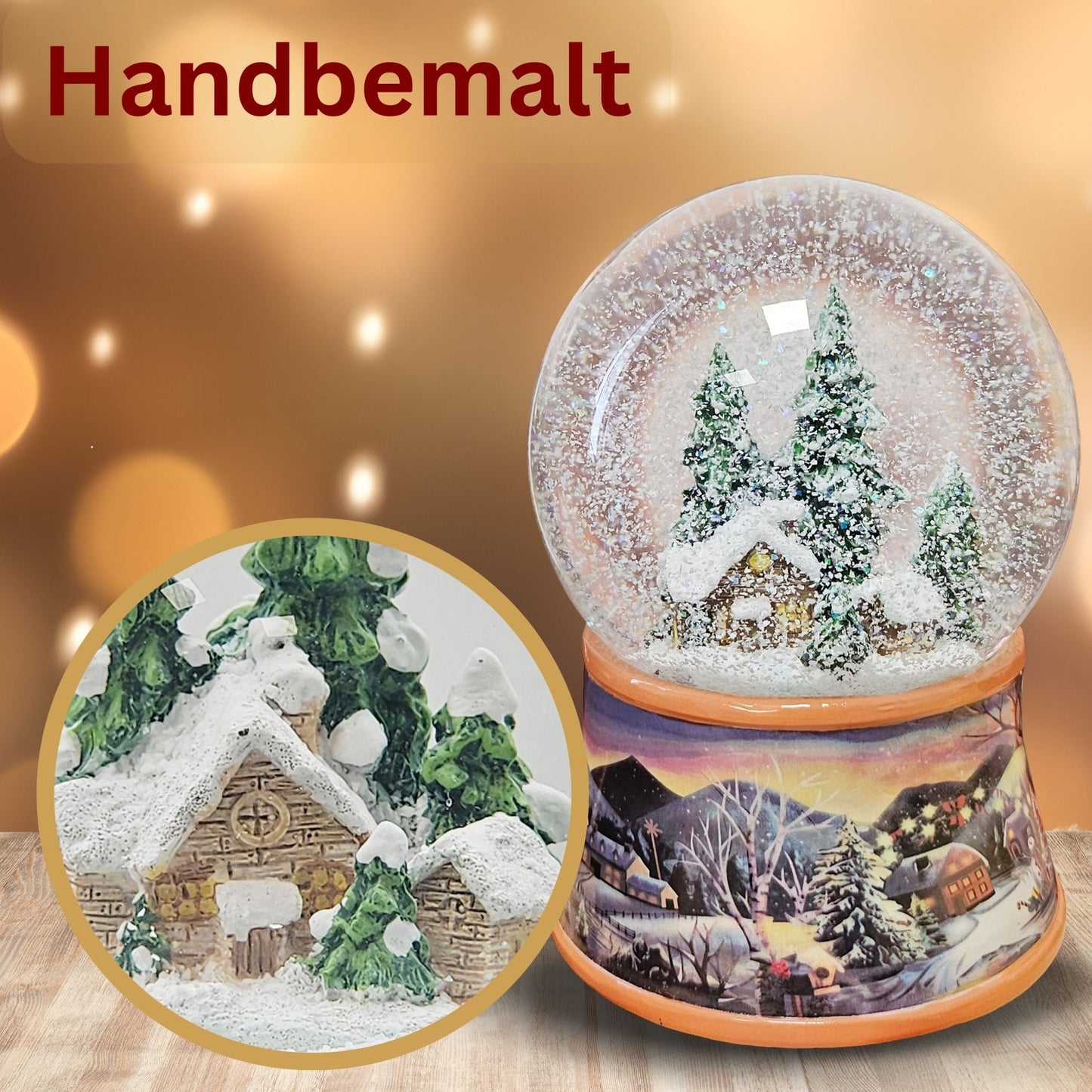 Nostalgische Schneekugel Verschneite Winterhütte auf Winterlandschaft Ocker 100 mm Durchmesser mit Spieluhr - Schneekugelhaus