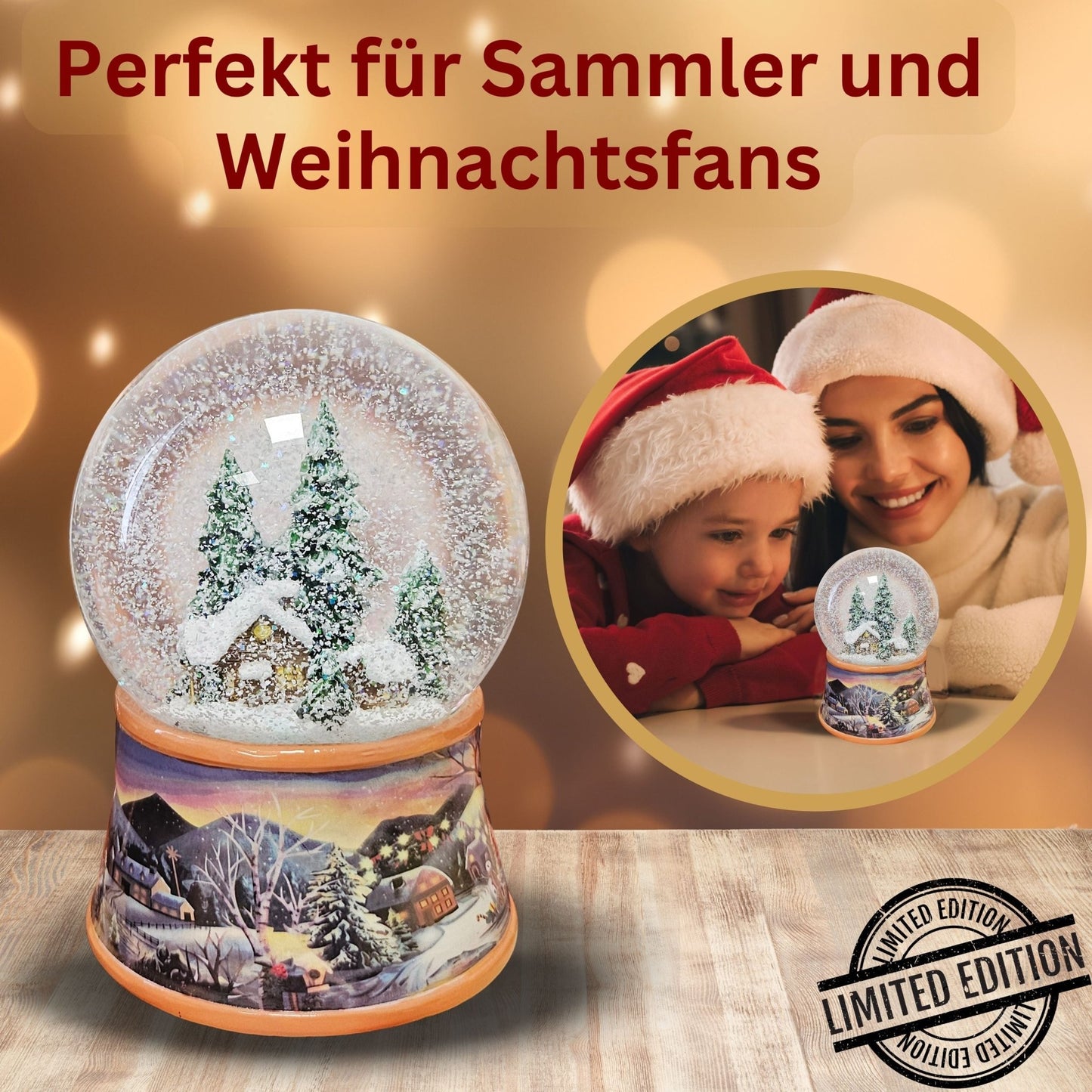 Nostalgische Schneekugel Verschneite Winterhütte auf Winterlandschaft Ocker 100 mm Durchmesser mit Spieluhr - Schneekugelhaus
