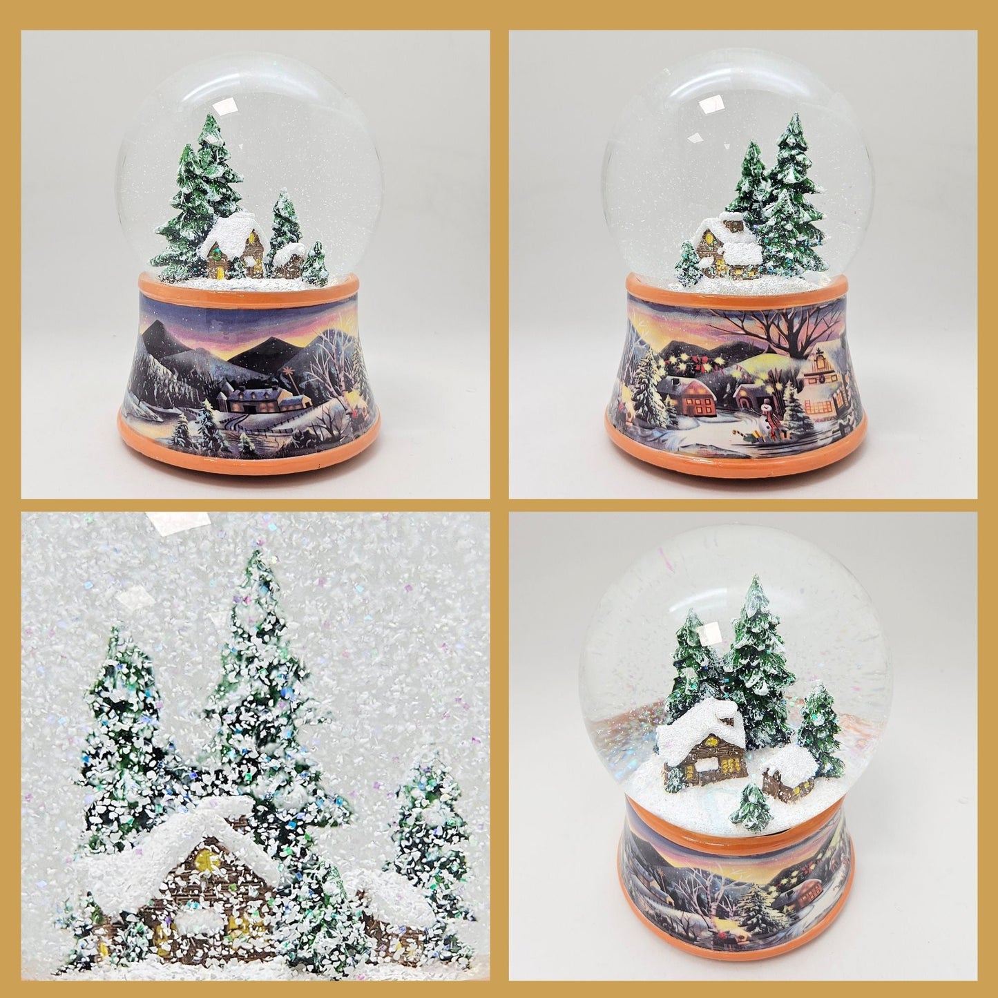 Nostalgische Schneekugel Verschneite Winterhütte auf Winterlandschaft Ocker 100 mm Durchmesser mit Spieluhr - Schneekugelhaus