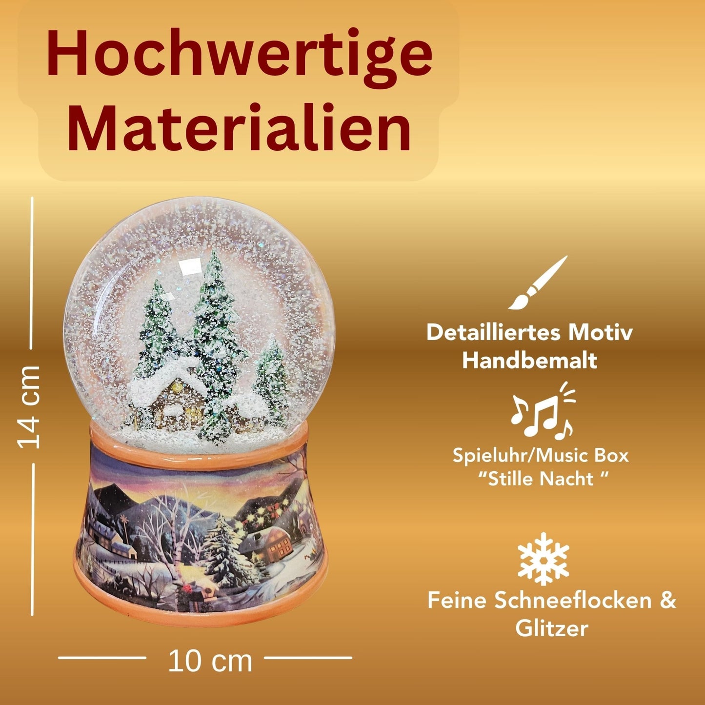 Nostalgische Schneekugel Verschneite Winterhütte auf Winterlandschaft Ocker 100 mm Durchmesser mit Spieluhr - Schneekugelhaus