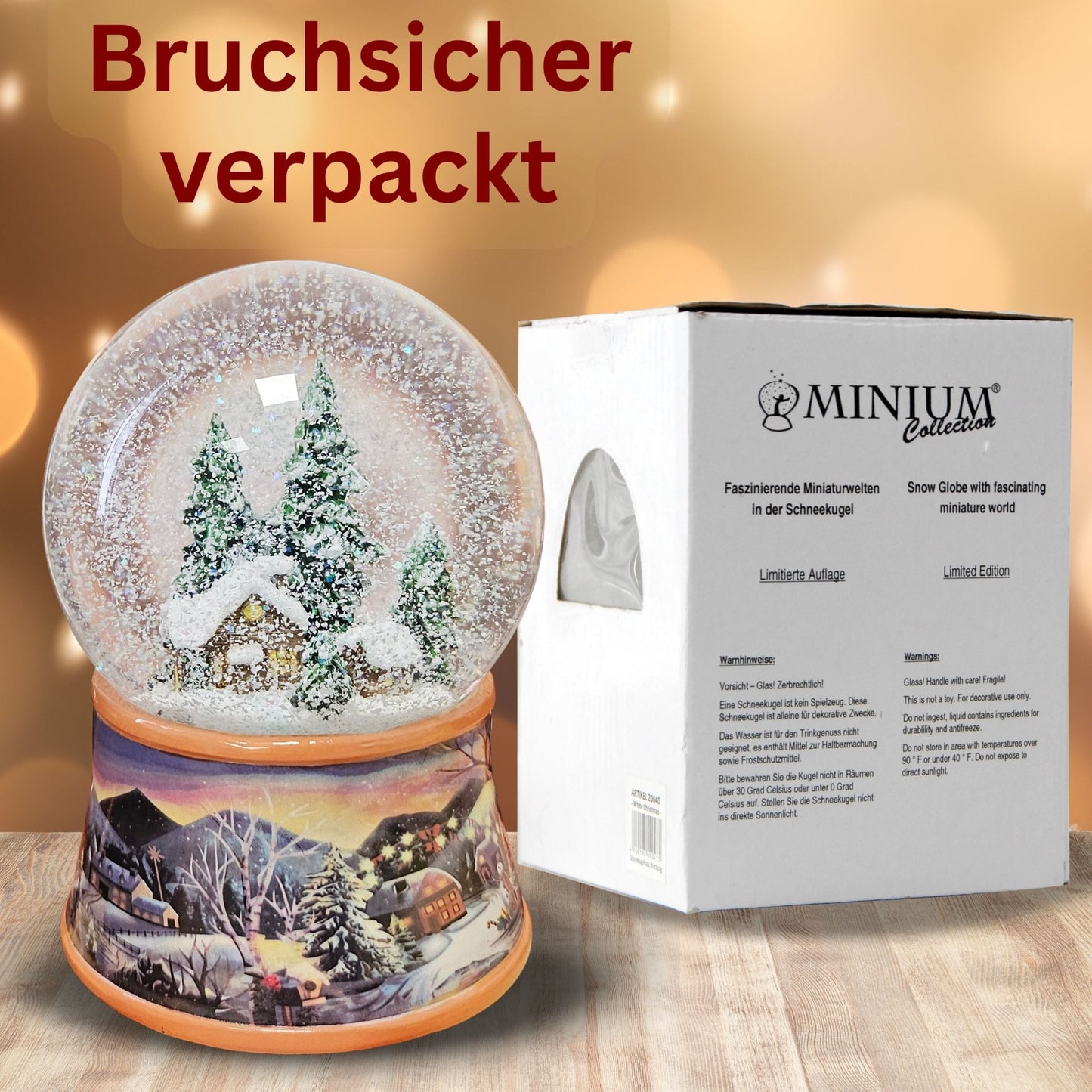 Nostalgische Schneekugel Verschneite Winterhütte auf Winterlandschaft Ocker 100 mm Durchmesser mit Spieluhr - Schneekugelhaus