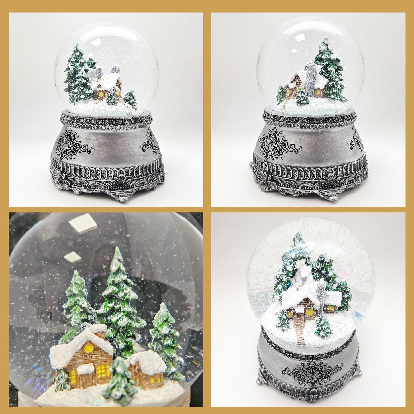 Nostalgische Schneekugel Verschneite Winterhütte auf Zinnsockel 100 mm Durchmesser mit Spieluhr - Schneekugelhaus