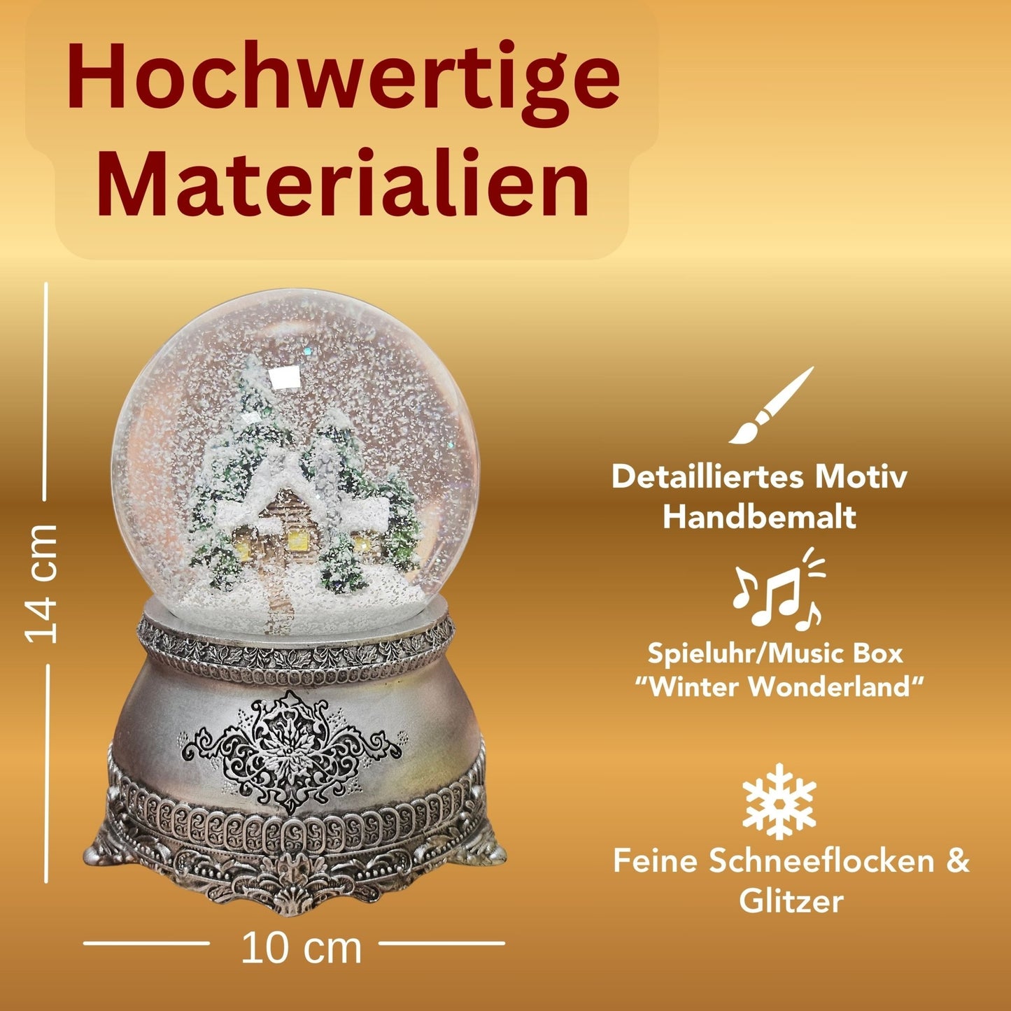 Nostalgische Schneekugel Verschneite Winterhütte auf Zinnsockel 100 mm Durchmesser mit Spieluhr - Schneekugelhaus