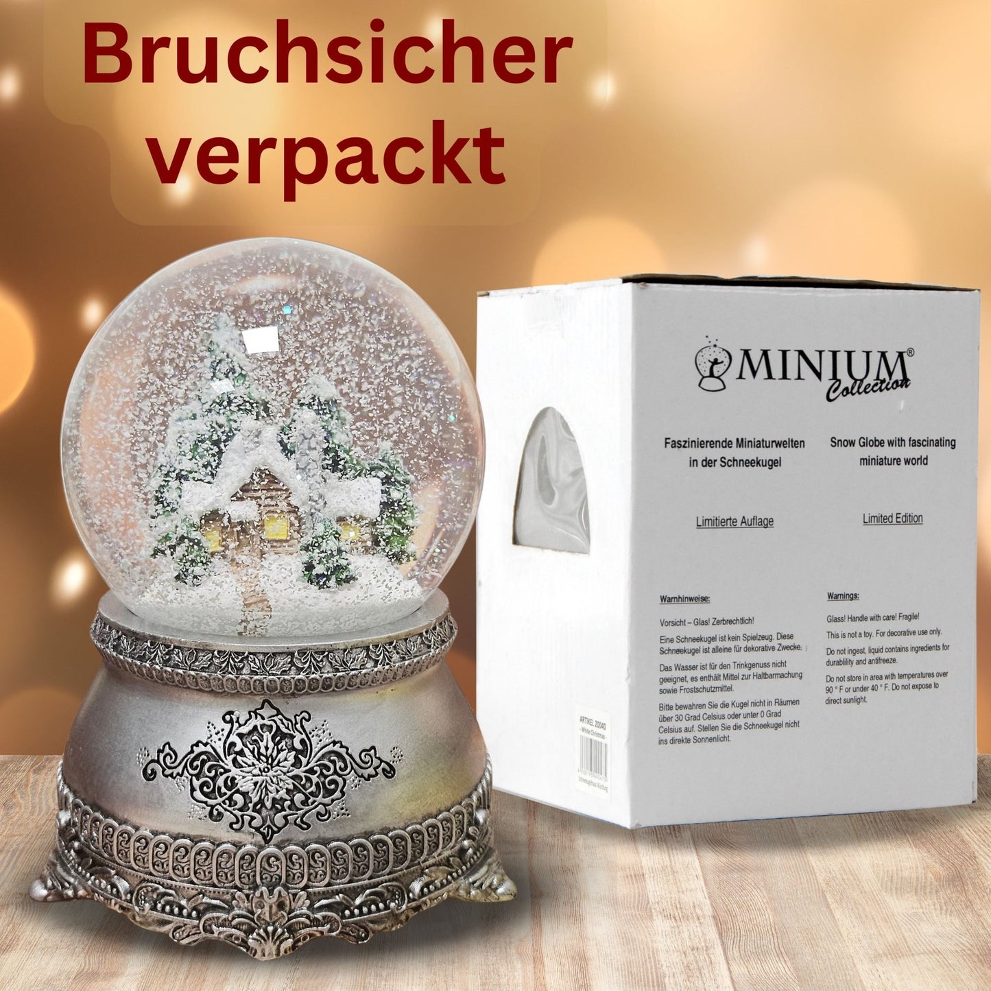 Nostalgische Schneekugel Verschneite Winterhütte auf Zinnsockel 100 mm Durchmesser mit Spieluhr - Schneekugelhaus