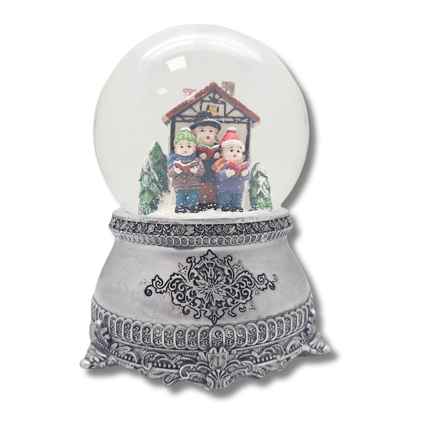 Nostalgische Schneekugel Weihnachtssinger Fachwerkhaus auf Zinnsockel 100 mm Durchmesser mit Spieluhr - Schneekugelhaus