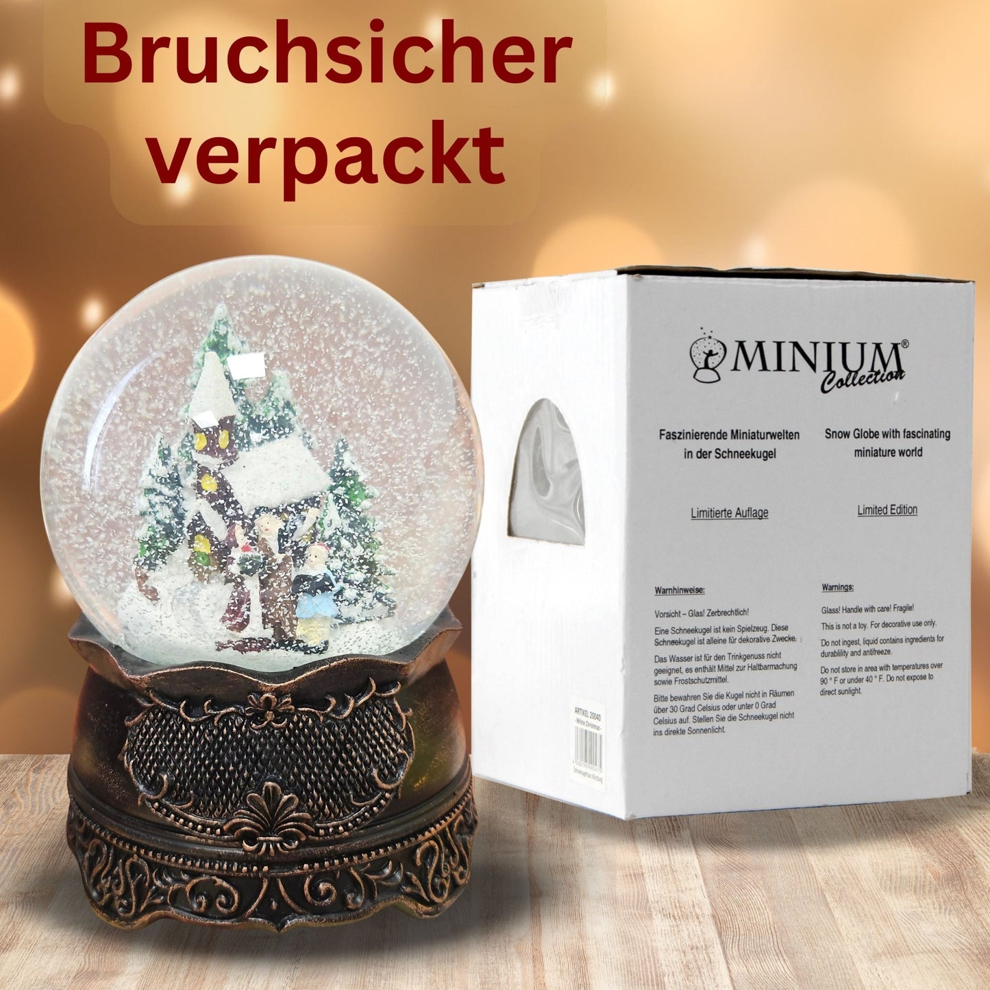 Nostalgische Schneekugel Weihnachtsspaziergang auf Ornamentsockel kupfer antik 100 mm Durchmesser mit Spieluhr - Schneekugelhaus