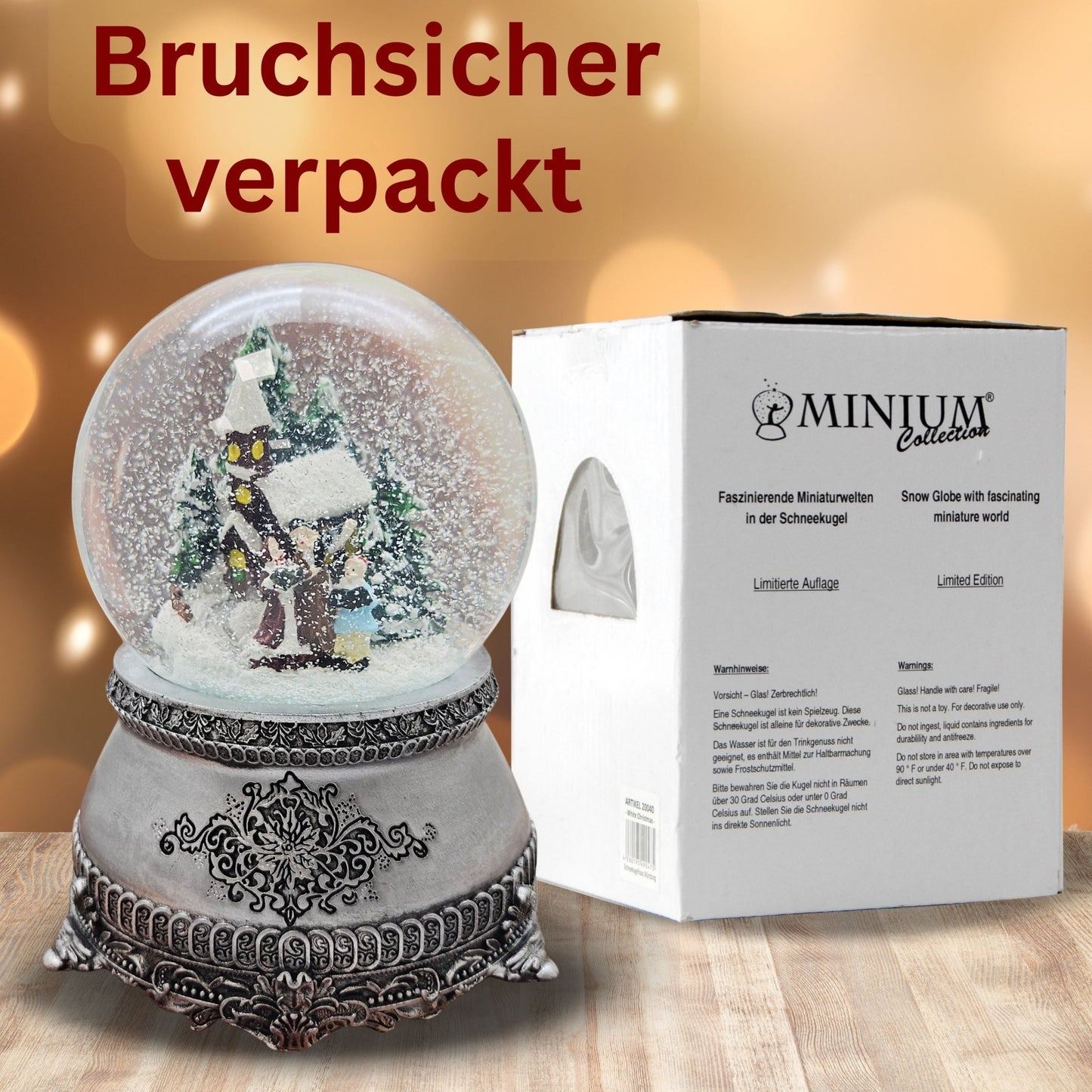 Nostalgische Schneekugel Weihnachtsspaziergang auf Zinnsockel 100 mm Durchmesser mit Spieluhr - Schneekugelhaus