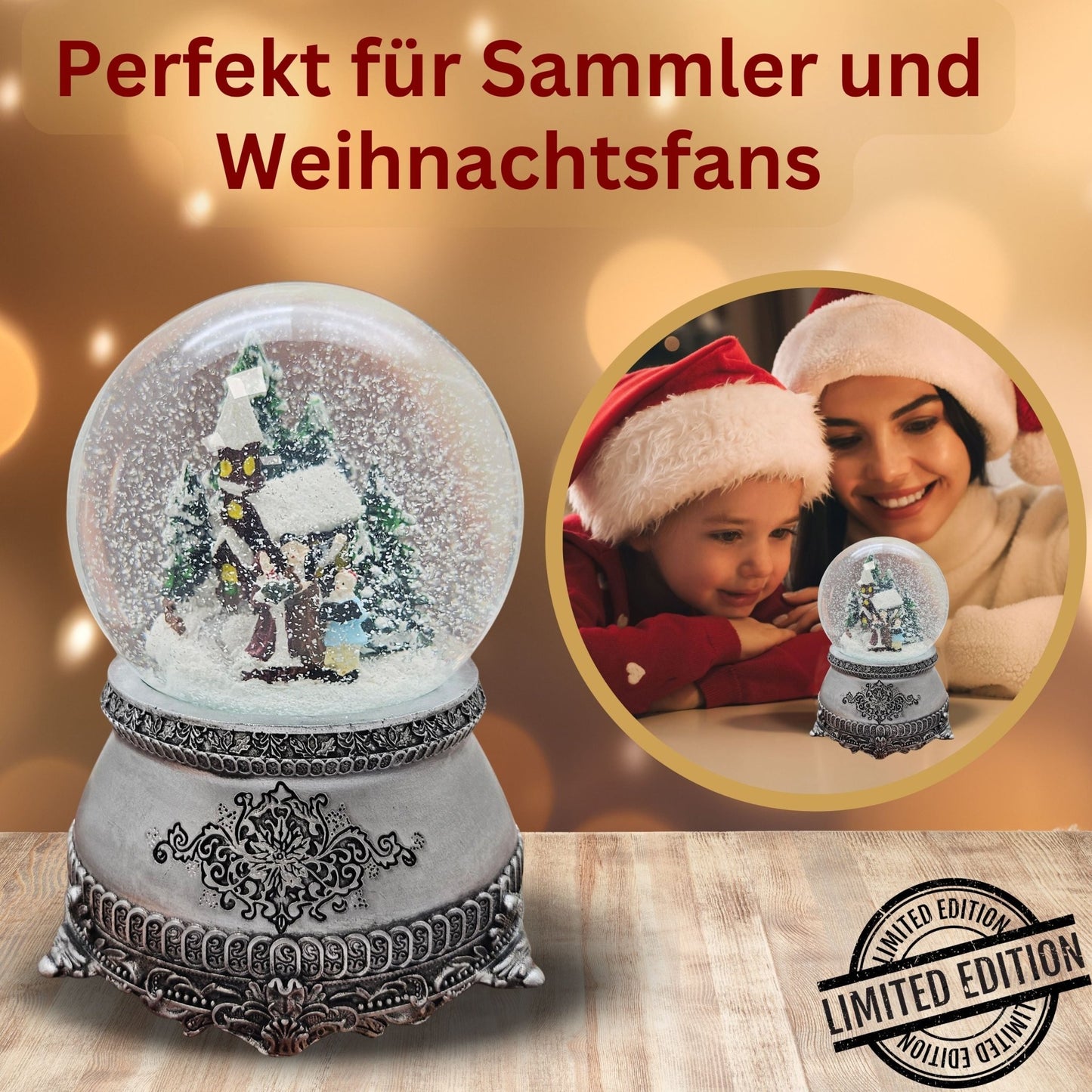 Nostalgische Schneekugel Weihnachtsspaziergang auf Zinnsockel 100 mm Durchmesser mit Spieluhr - Schneekugelhaus