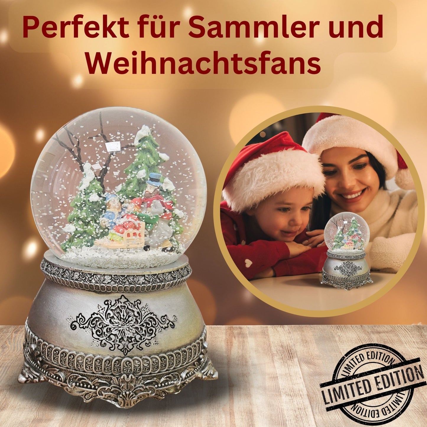 Nostalgische Schneekugel Winterspaziergang mit Familie auf Zinnsockel 100 mm Durchmesser mit Spieluhr - Schneekugelhaus