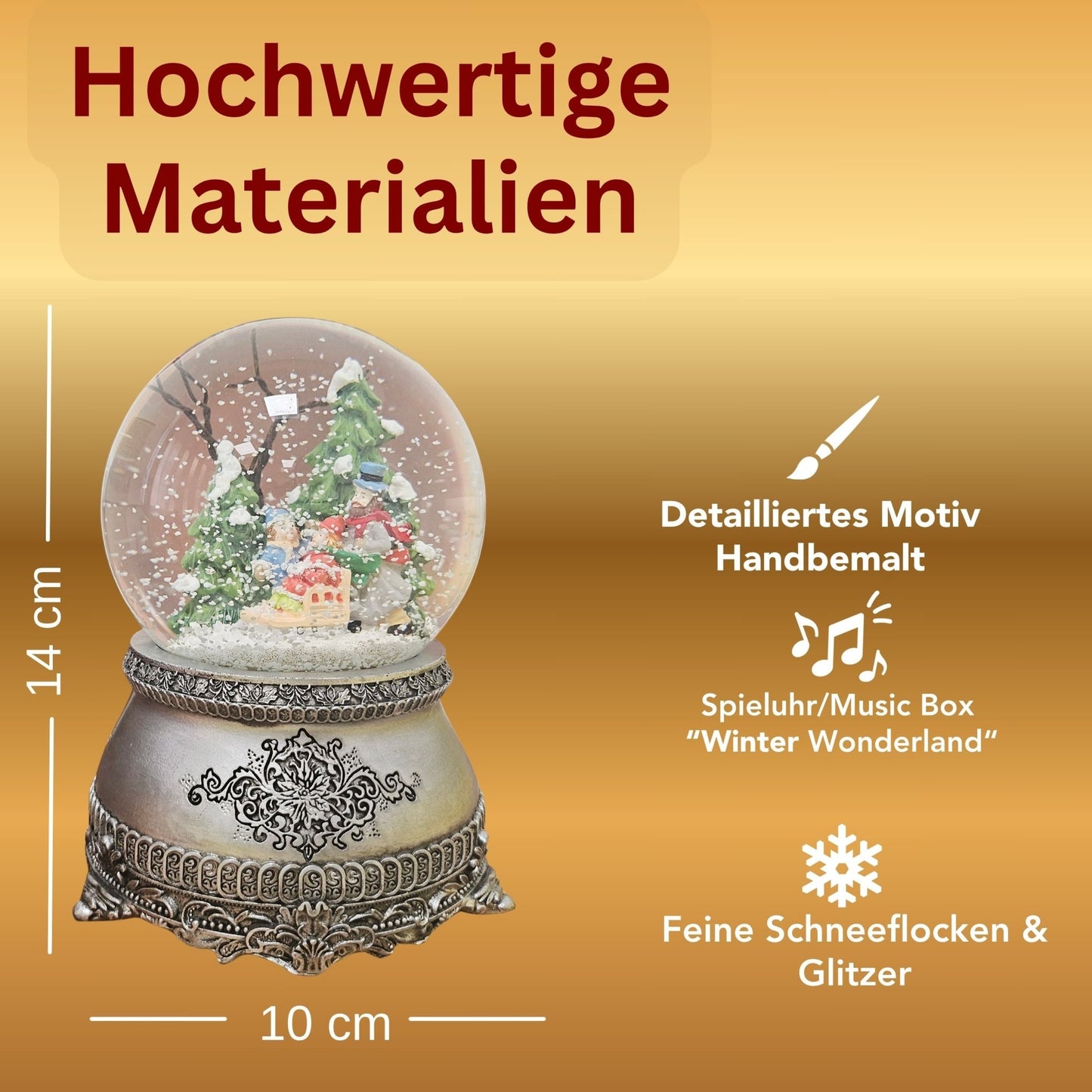 Nostalgische Schneekugel Winterspaziergang mit Familie auf Zinnsockel 100 mm Durchmesser mit Spieluhr - Schneekugelhaus