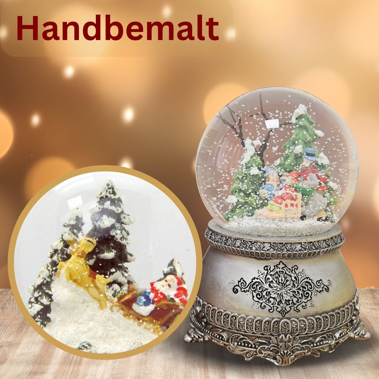 Nostalgische Schneekugel Winterspaziergang mit Familie auf Zinnsockel 100 mm Durchmesser mit Spieluhr - Schneekugelhaus