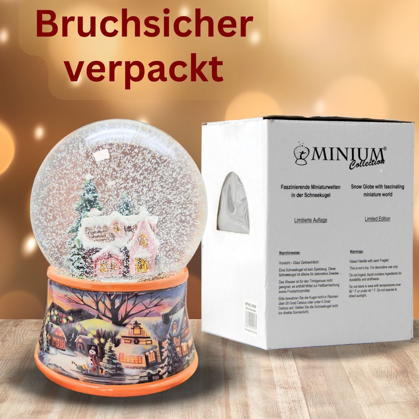Nostalgische Schneekugel Zuckerbäckerhaus auf Sockel Winterlandschaft 100 mm Durchmesser mit Spieluhr - Schneekugelhaus