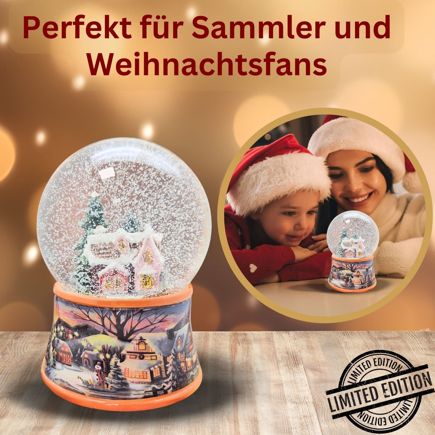Nostalgische Schneekugel Zuckerbäckerhaus auf Sockel Winterlandschaft 100 mm Durchmesser mit Spieluhr - Schneekugelhaus
