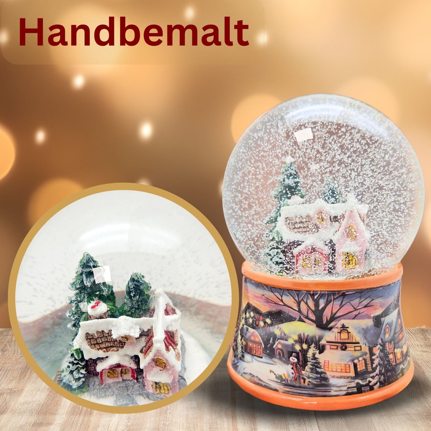Nostalgische Schneekugel Zuckerbäckerhaus auf Sockel Winterlandschaft 100 mm Durchmesser mit Spieluhr - Schneekugelhaus