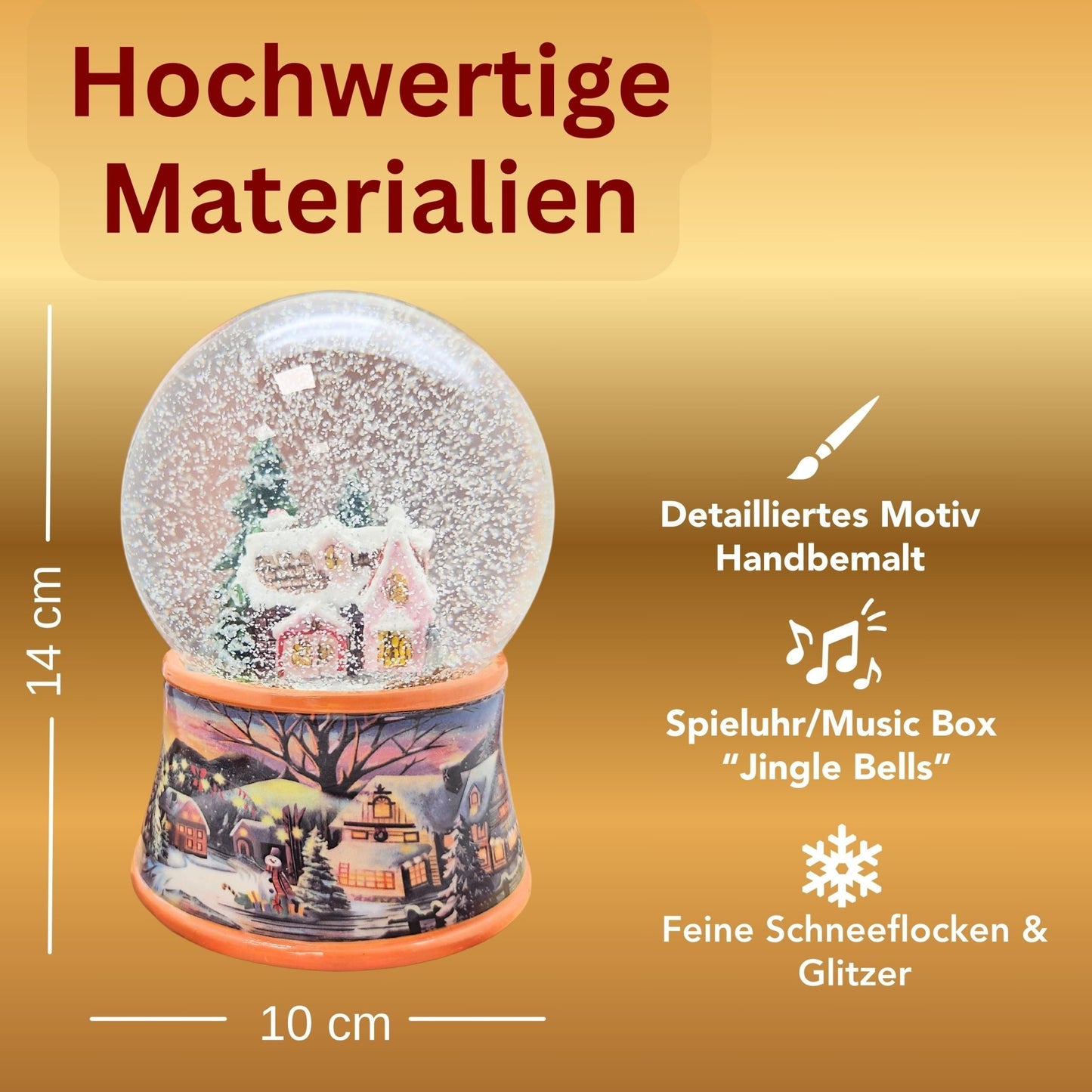 Nostalgische Schneekugel Zuckerbäckerhaus auf Sockel Winterlandschaft 100 mm Durchmesser mit Spieluhr - Schneekugelhaus