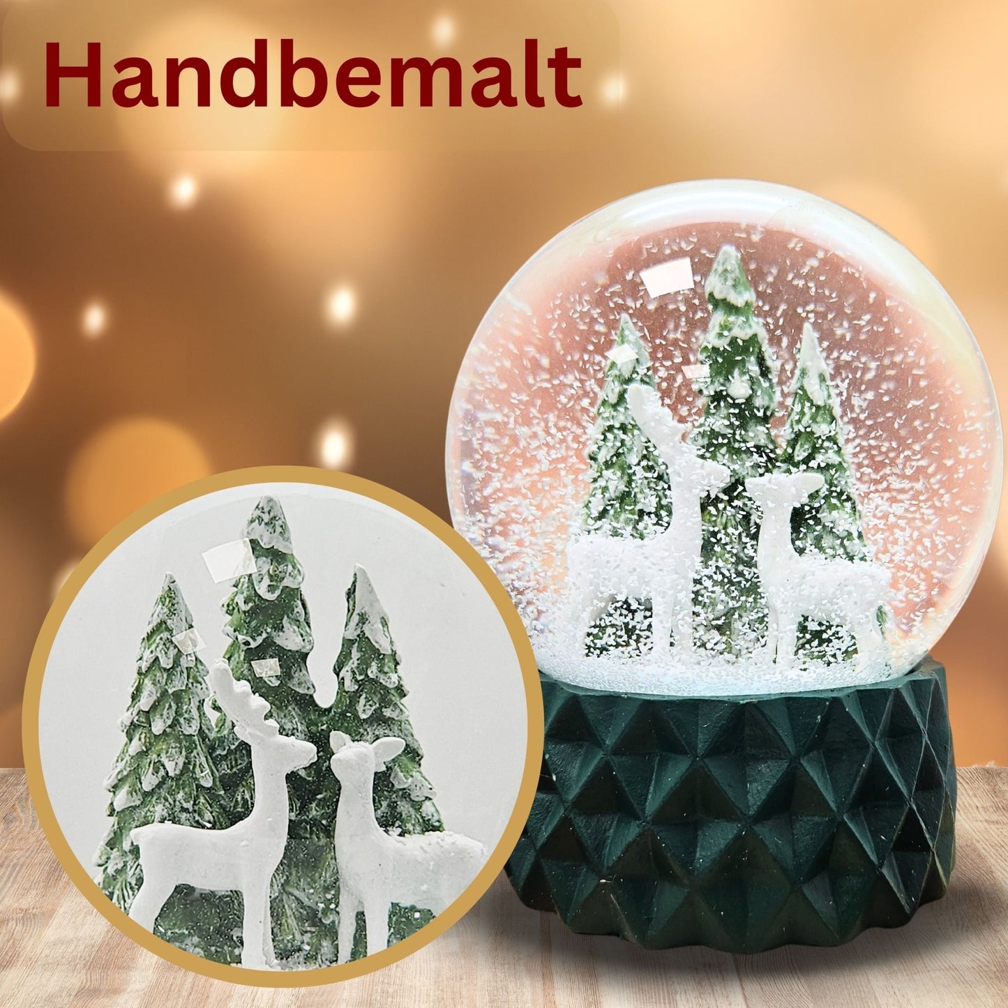 Schneekugel 2 Rehe auf Sockel grün kubisch "PURE - Line" 10 cm Durchmesser - Schneekugelhaus