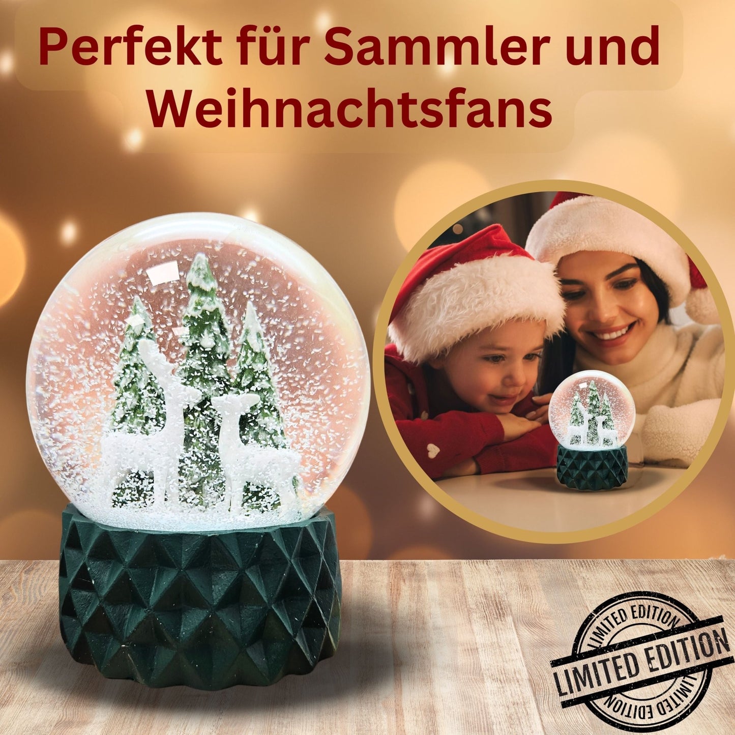 Schneekugel 2 Rehe auf Sockel grün kubisch "PURE - Line" 10 cm Durchmesser - Schneekugelhaus