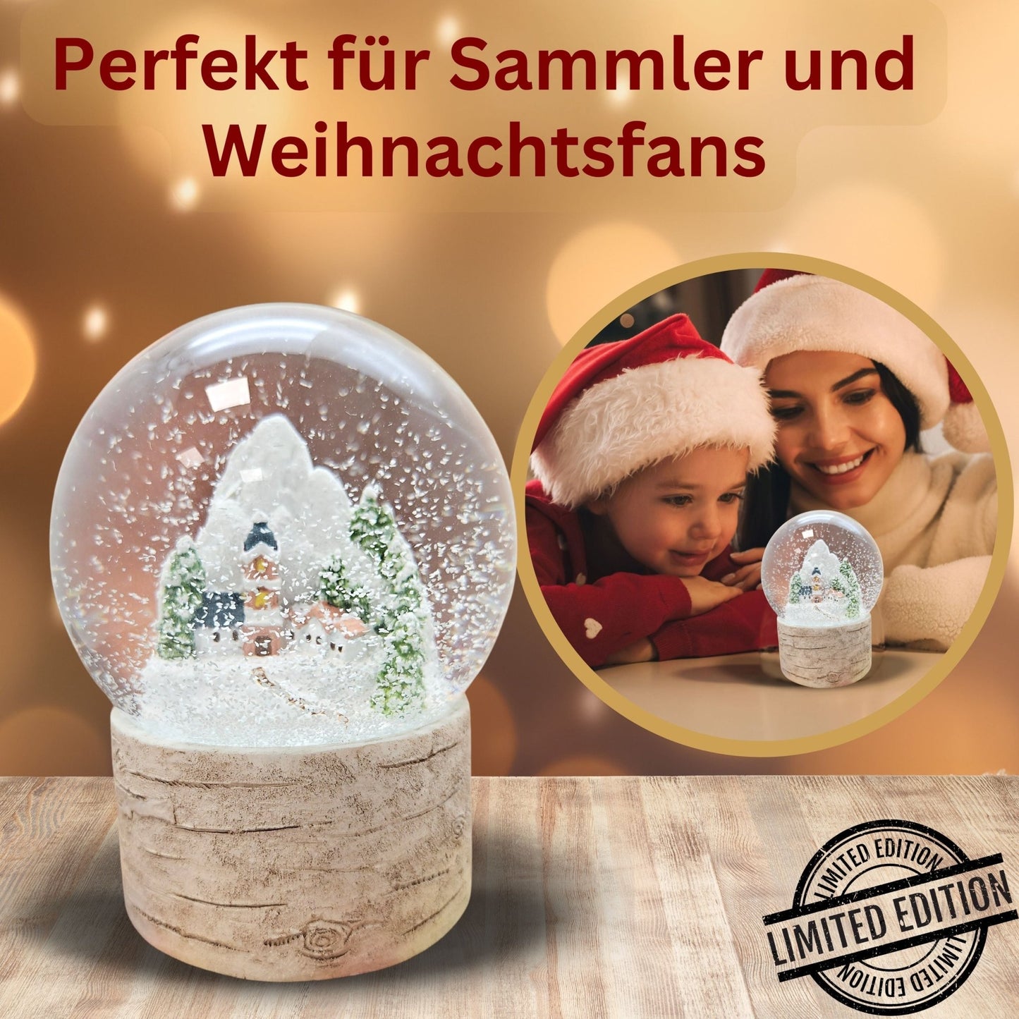 Schneekugel Bergdorf auf Holzsockel "Country - Line" 10 cm Durchmesser - Schneekugelhaus