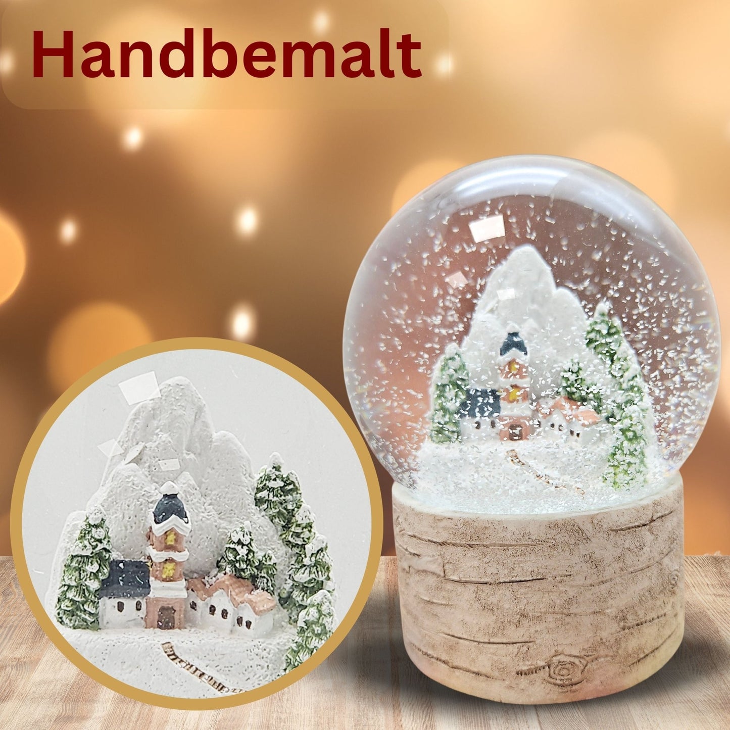 Schneekugel Bergdorf auf Holzsockel "Country - Line" 10 cm Durchmesser - Schneekugelhaus
