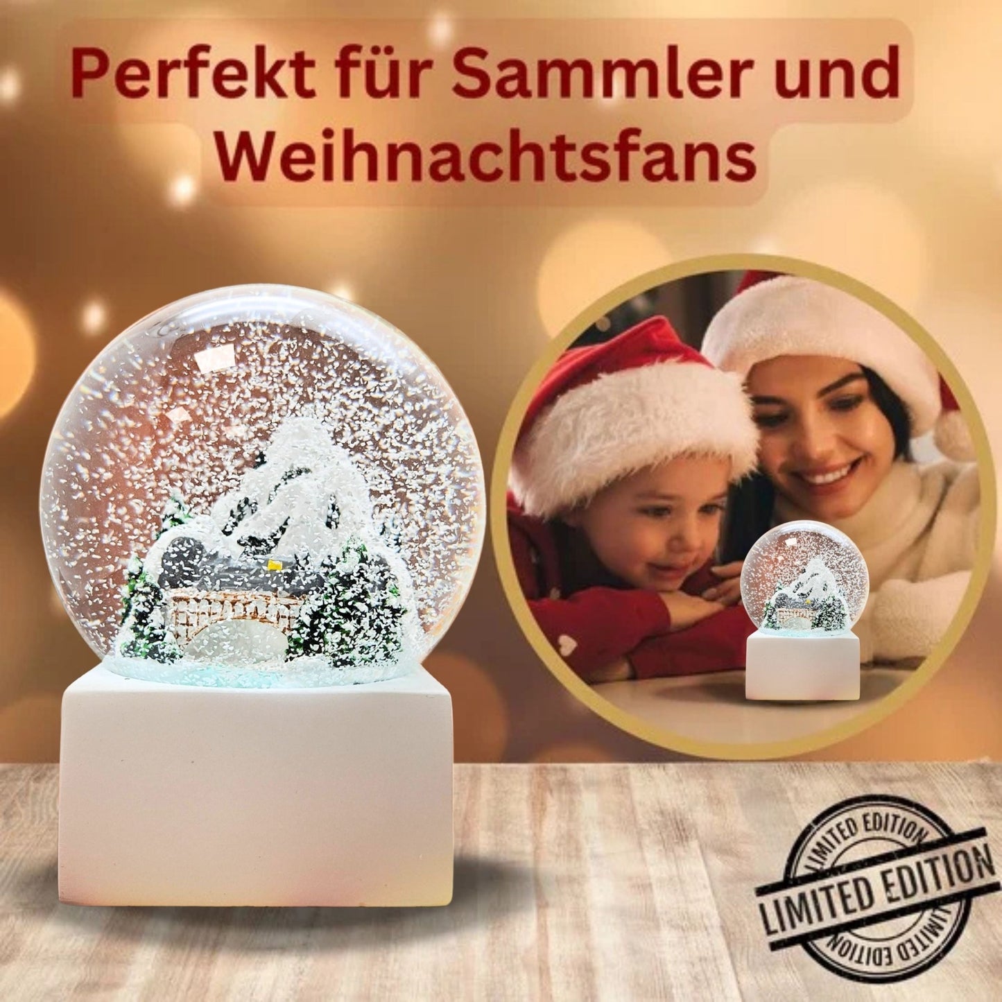 Schneekugel Berge mit Brücke auf Sockel weiß eck "PURE - Line" 10 cm Durchmesser - Schneekugelhaus