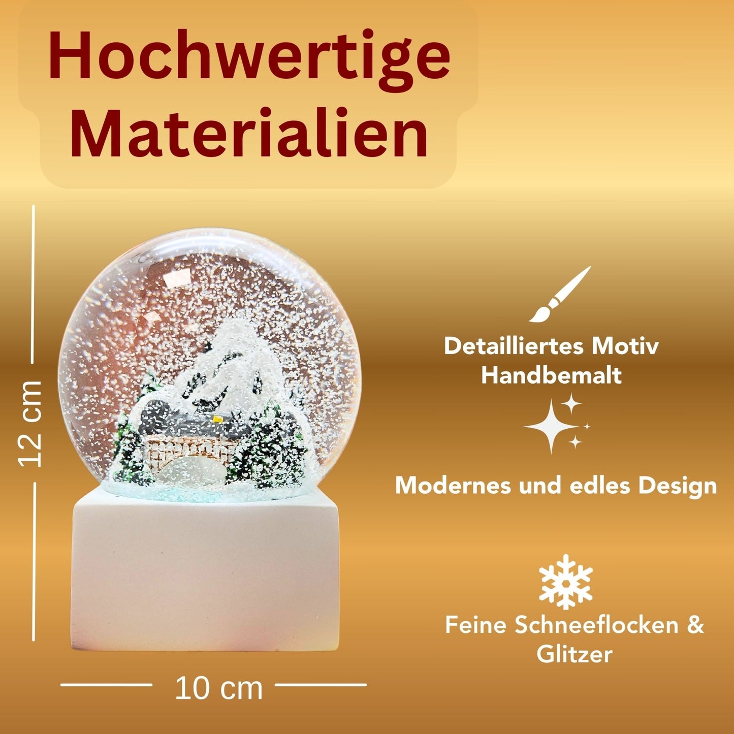 Schneekugel Berge mit Brücke auf Sockel weiß eck "PURE - Line" 10 cm Durchmesser - Schneekugelhaus